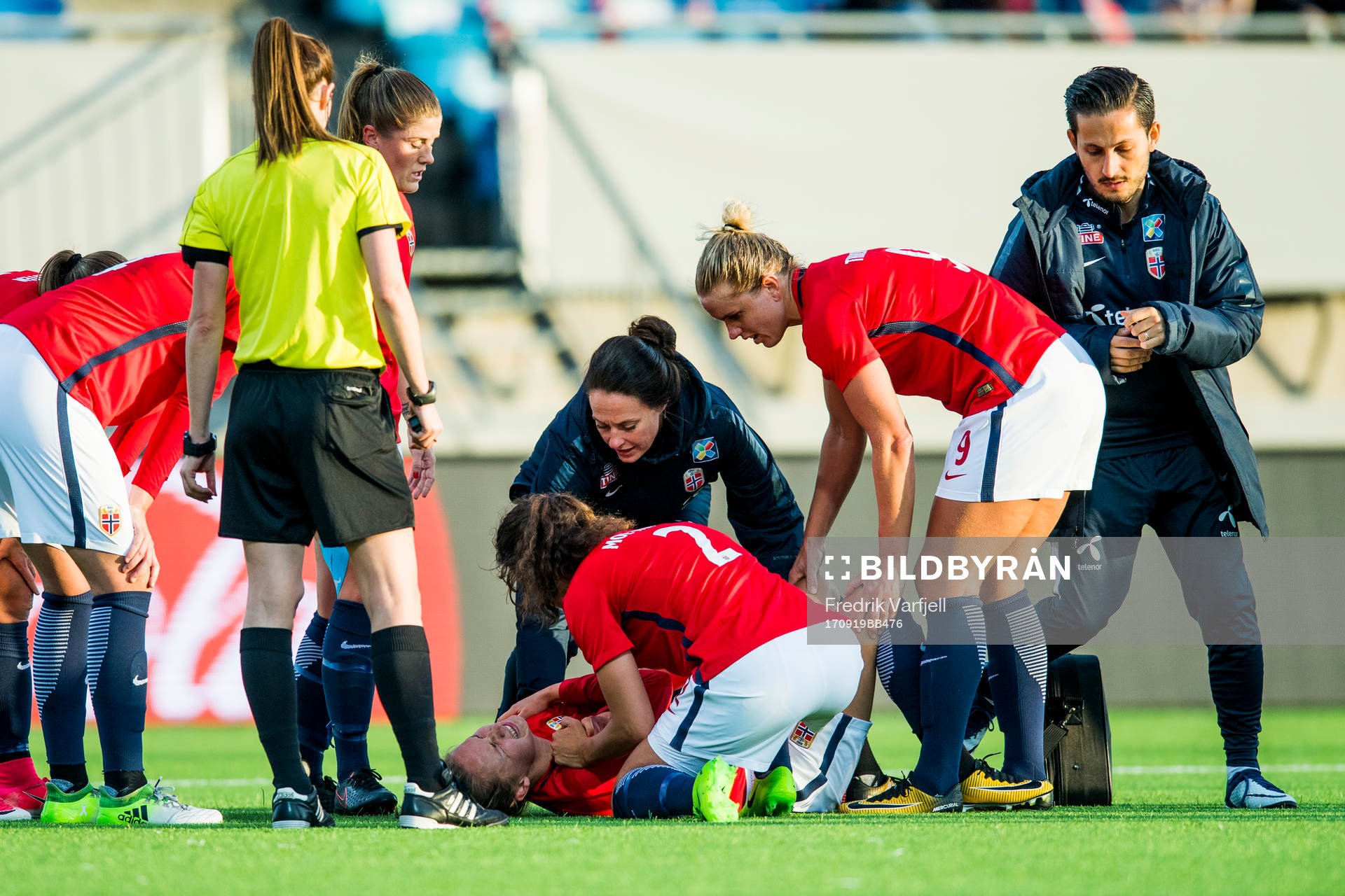 Caroline Graham Hansen of Norway receives treatment for an