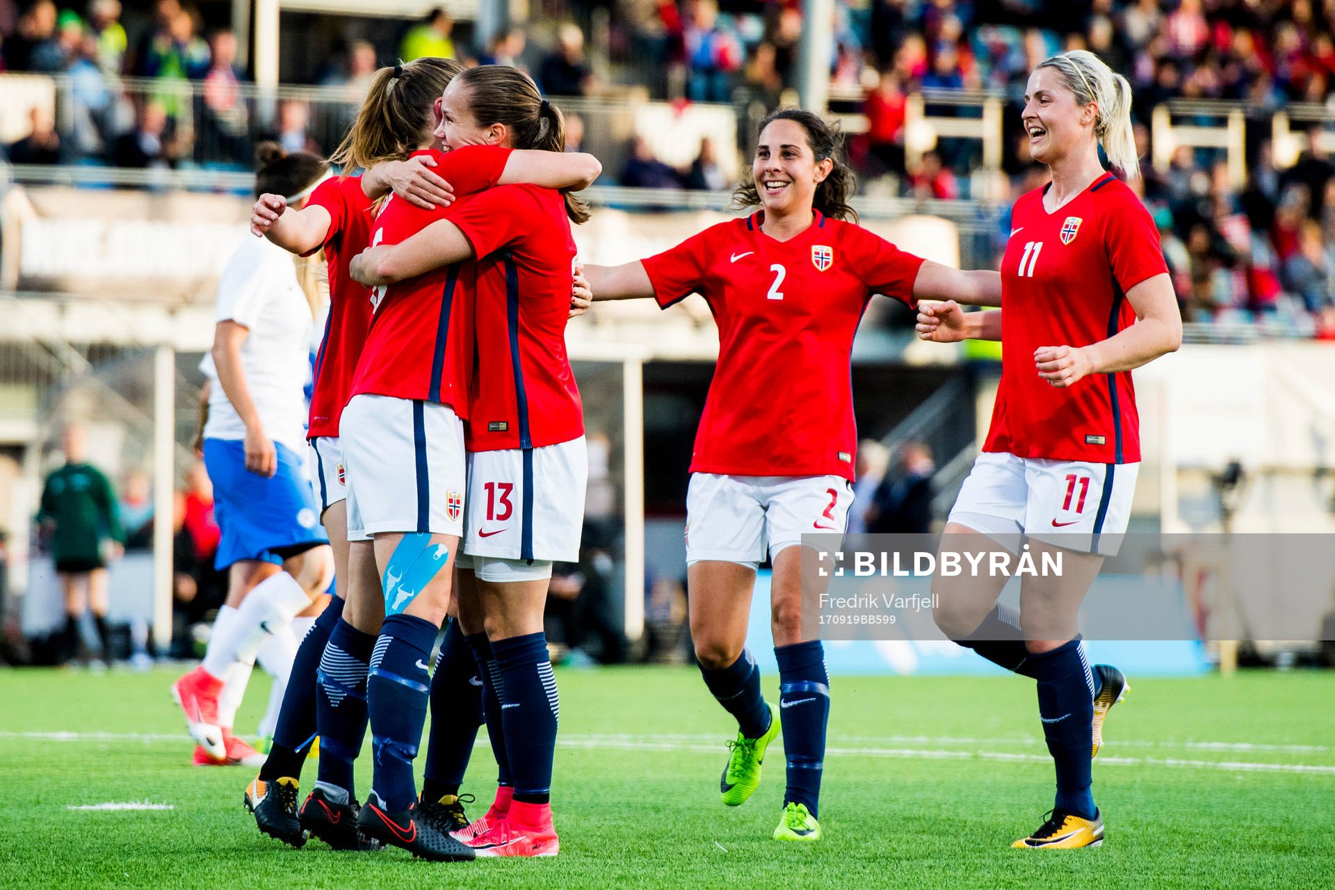 Maren Mjelde of Norway celebrates with her teammates after scoring 5-0 during the FIFA Women's World Cup Qualifier match between Norway and Slovakia on September 19, 2017 in Sarpsborg.