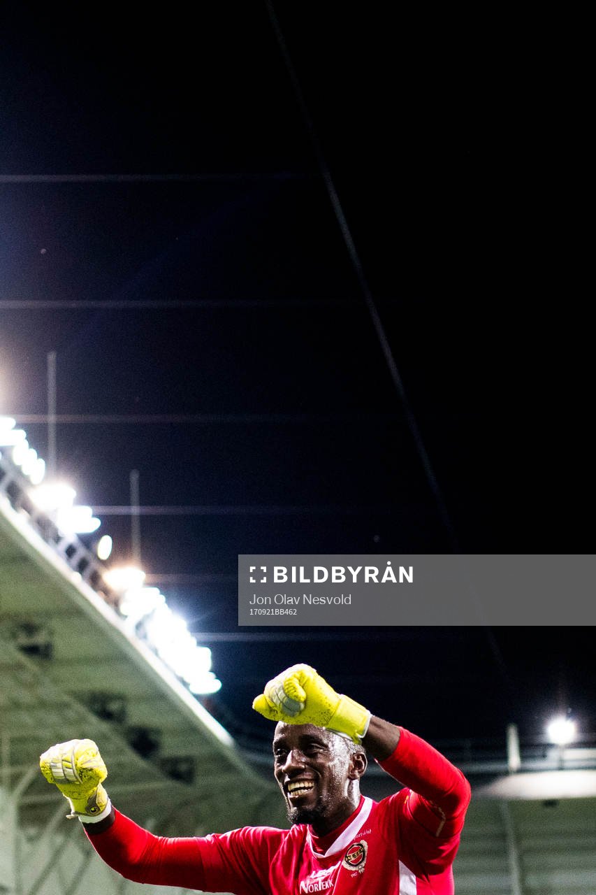Goalkeeper Arnold Otieno Origiof Lillestrøm celebrates after the cup match between Molde and Lillestrøm on September 21, 2017 in Molde.
