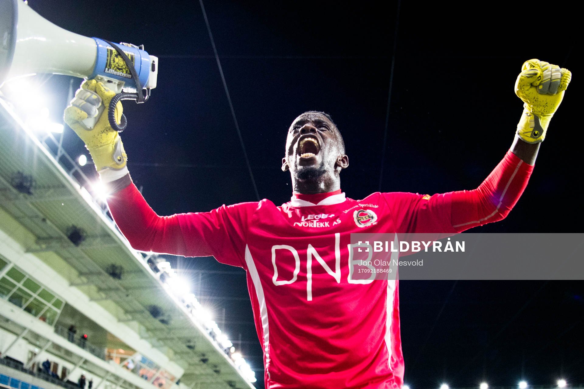 Goalkeeper Arnold Otieno Origi of Lillestrøm celebrates after the cup match between Molde and Lillestrøm on September 21, 2017 in Molde.
