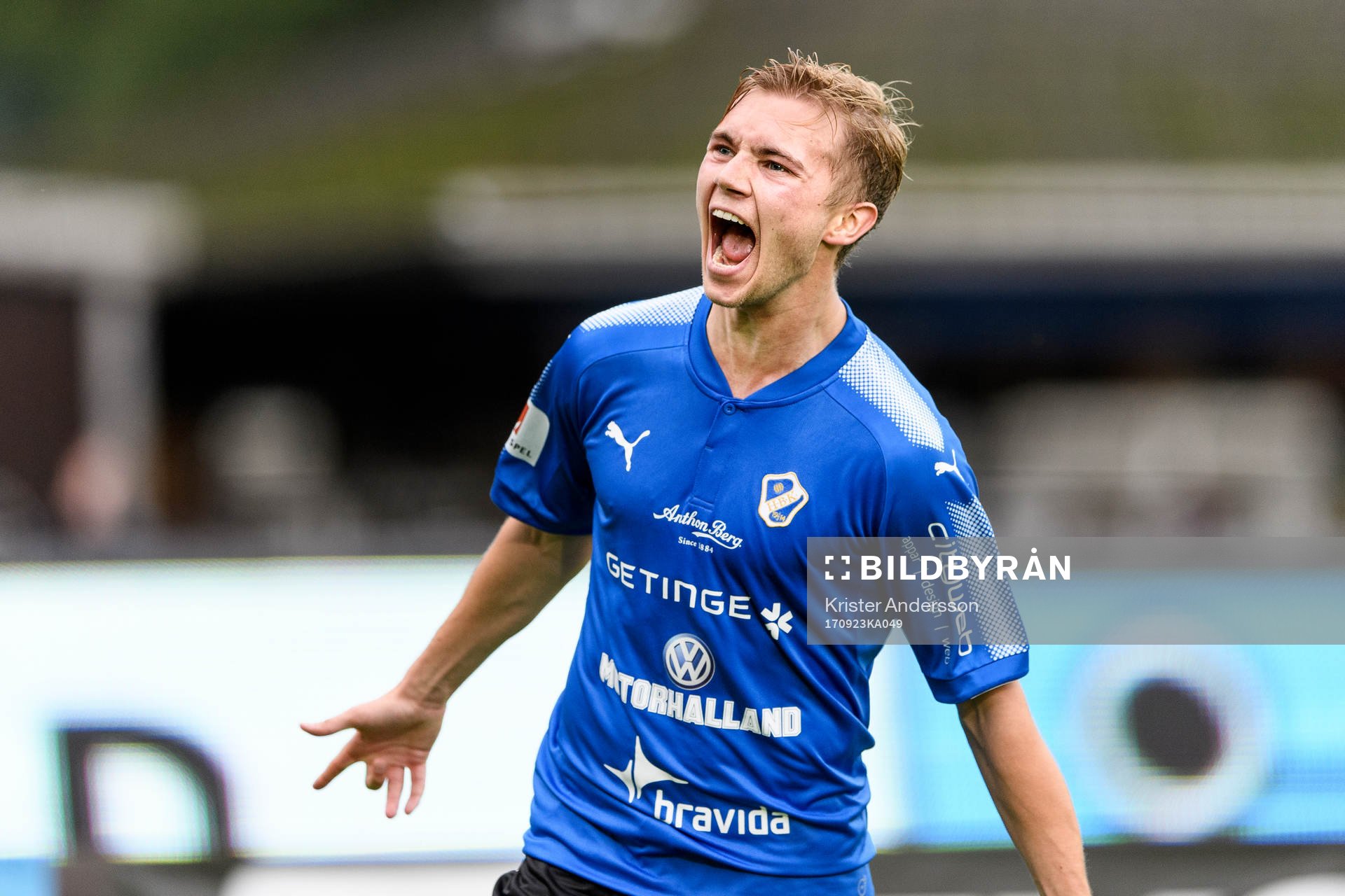 Halmstads Tryggvi Hrafn Haraldsson jublar efter 2-0 under fotbollsmatchen i Allsvenskan mellan Halmstad och Norrköping den 23 september 2017 i Halmstad.