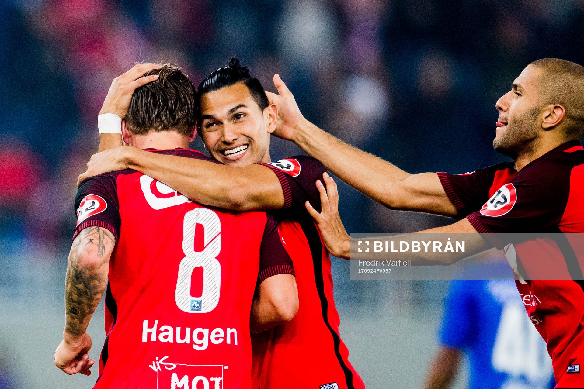 Fredrik Haugen of Brann celebrates with his teammates