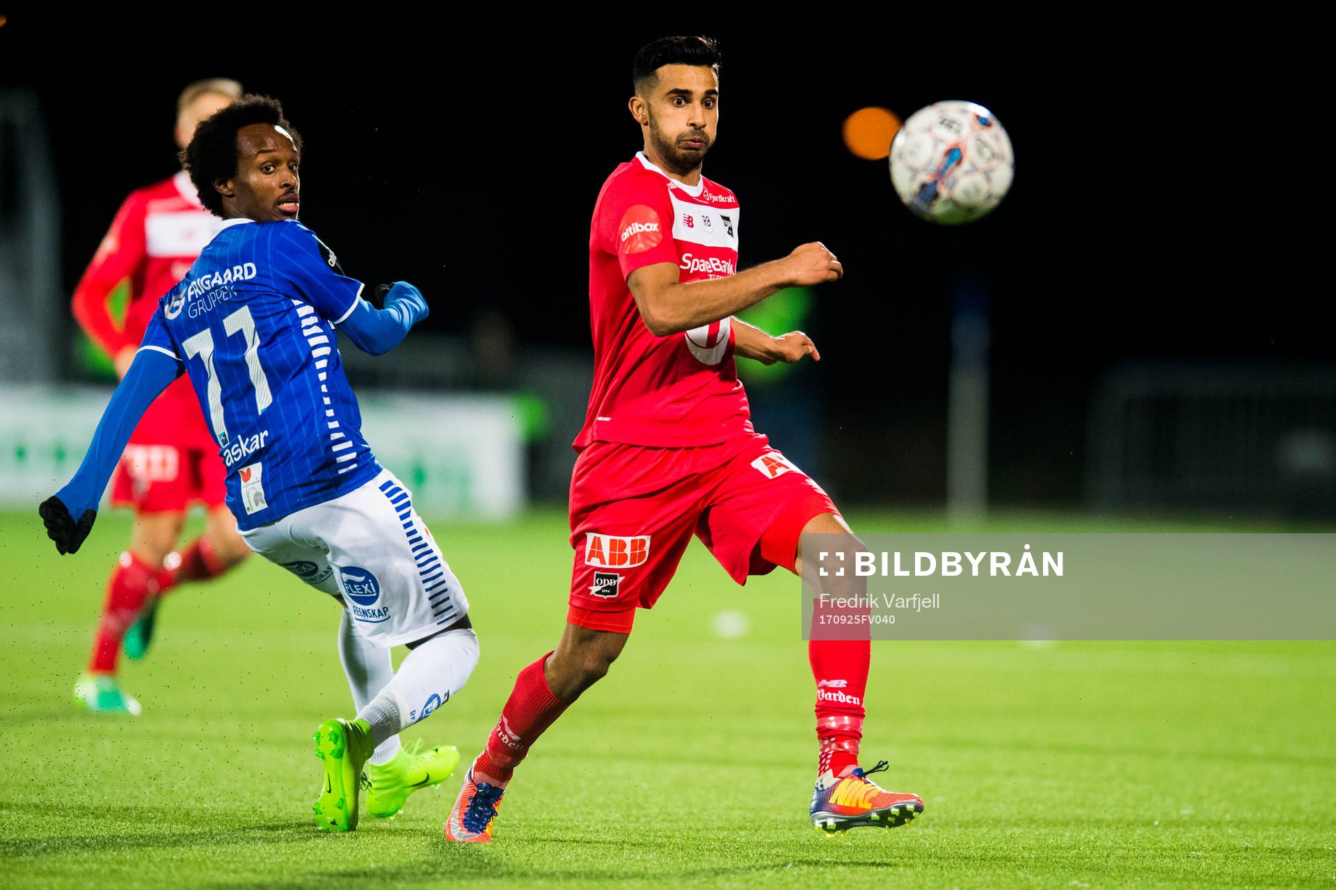 Amin Soleiman Askar and Etzaz Hussain of Odd during the Eliteserien match between Sarpsborg 08 and Odd on September 25, 2017 in Sarpsborg.