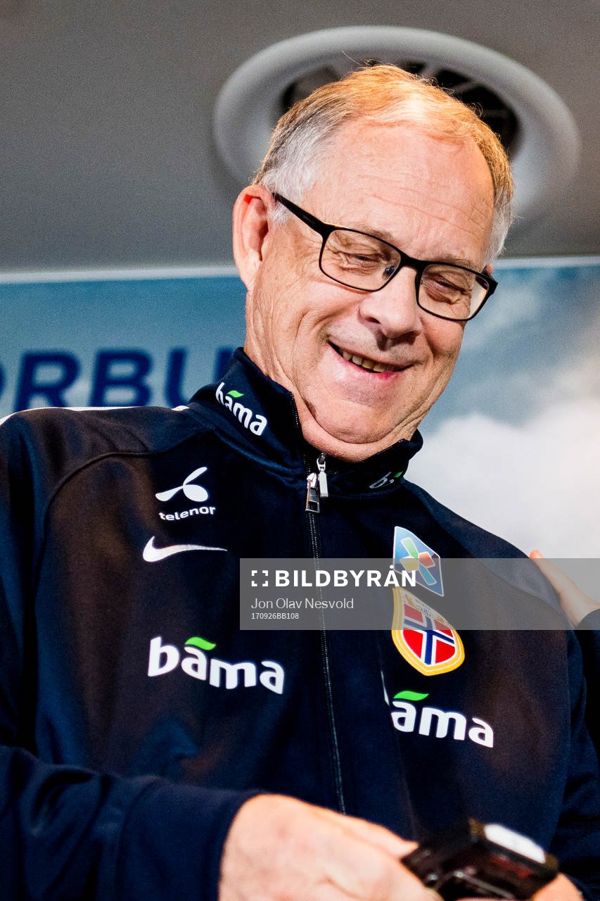 Lars Lagerbäck, head coach of Norway, presents the team