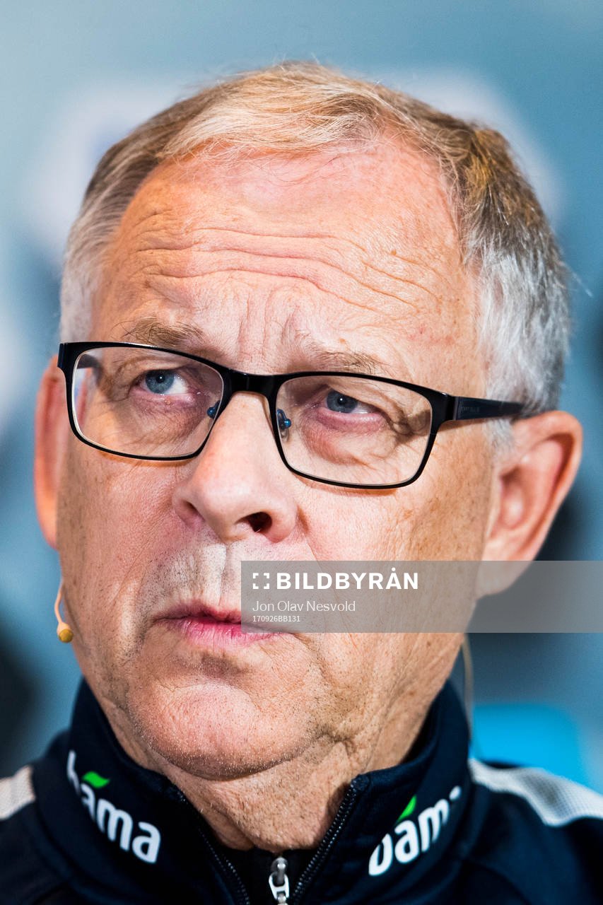 Lars Lagerbäck, head coach of Norway, presents the team