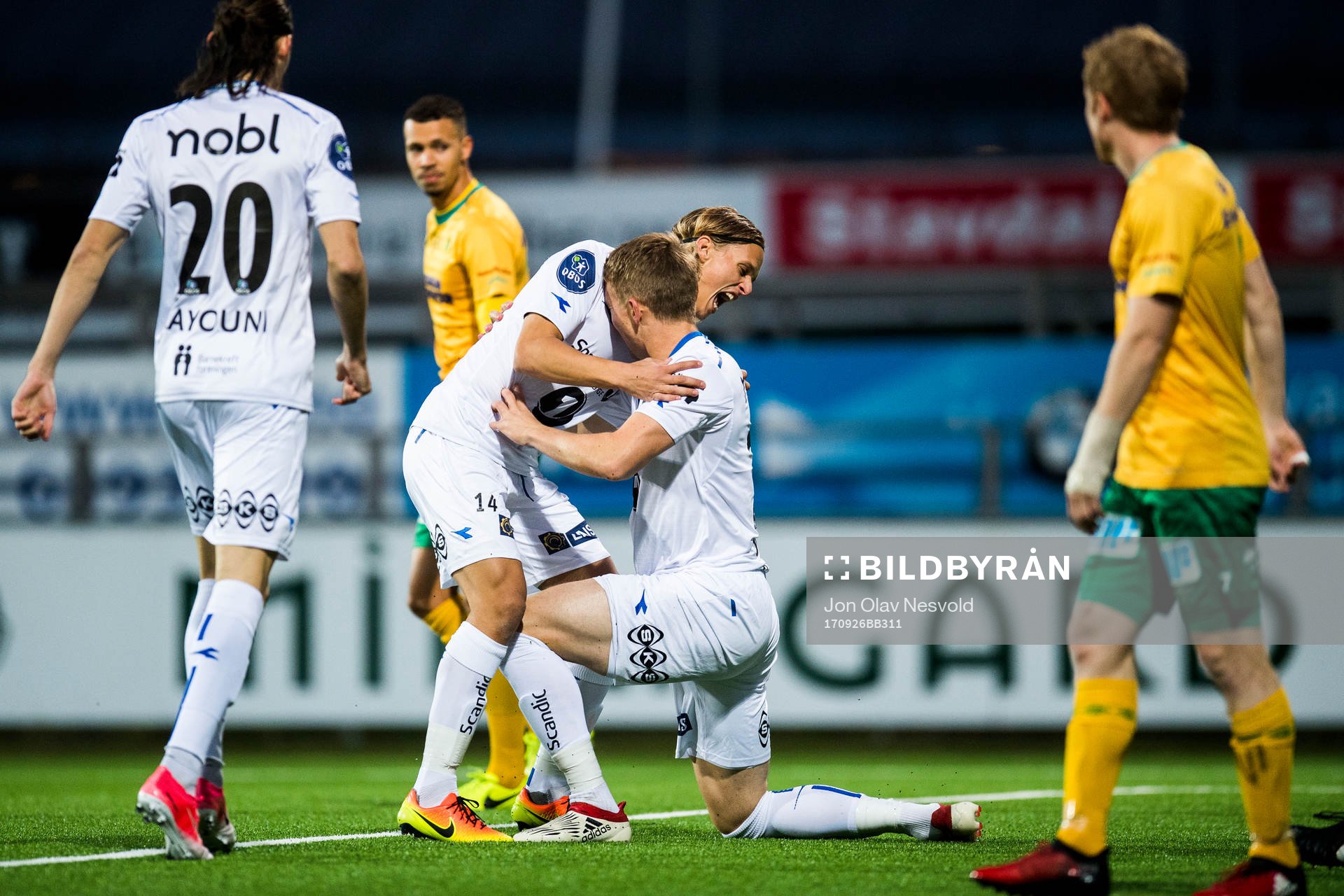 Amor Yonas Layouni, Ulrik Saltnes and Kristian Fardal Opseth celebrate 1-0 during the Obos-ligaen match between Ull/Kisa and Bodø/Glimt on September 26, 2017 in Jessheim.