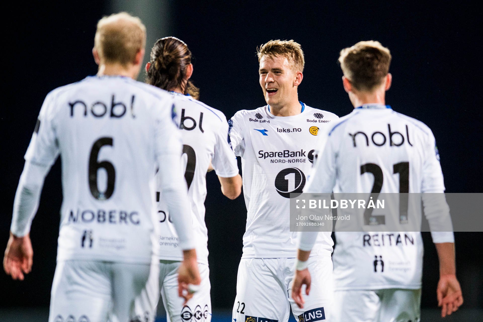 Kristian Fardal Opseth of Bodø/Glimt celebrates 4-0 with his teammates during the Obos-ligaen match between Ull/Kisa and Bodø/Glimt on September 26, 2017 in Jessheim.