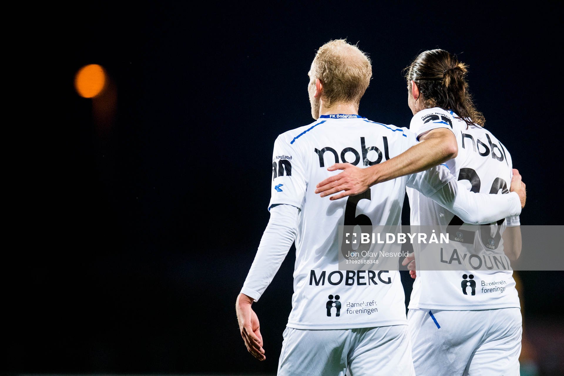 Vegard Leikvoll Moberg and Amor Yonas Layouni of Bodø/Glimt celebrate 4-0 during the Obos-ligaen match between Ull/Kisa and Bodø/Glimt on September 26, 2017 in Jessheim.