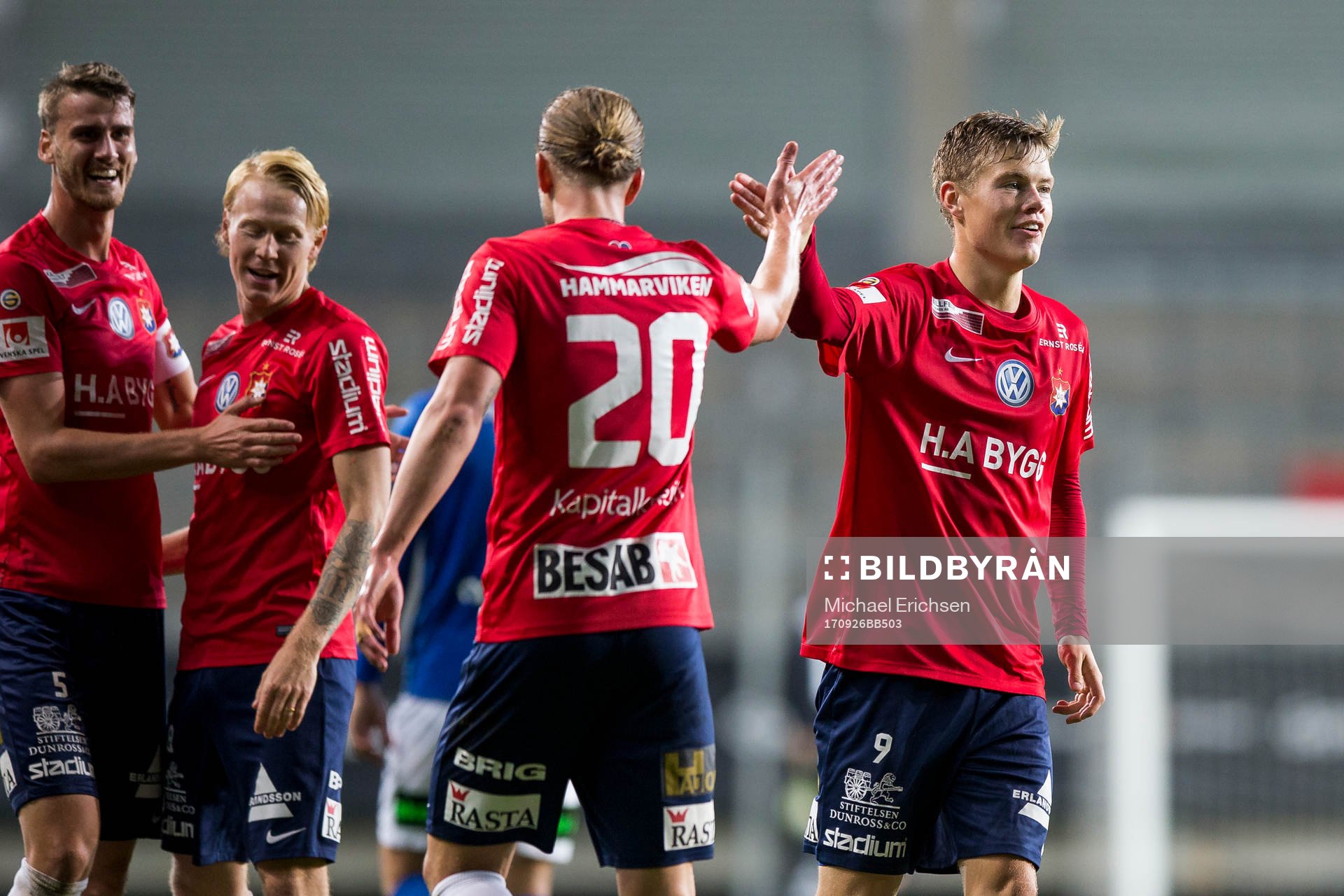 Örgrytes Albin Skoglund jublar ihop med Sebastian Carlsén efter 1-0 under fotbollsmatchen i Superettan mellan Örgryte och Trelleborg den 26 september 2017 i Göteborg.