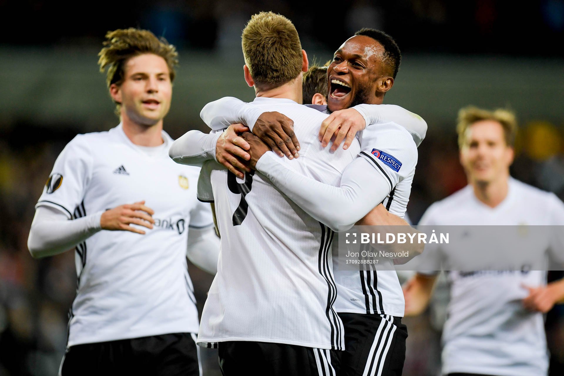 Nicklas Bendtner of Rosenborg celebrates with teammate