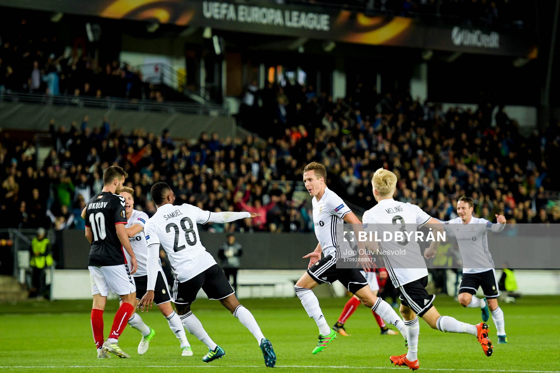 Anders Konradsen of Rosenborg celebrates after scoring 2-0 during the UEFA Europa League match between Rosenborg and FK Vardar Skopje on September 28, 2017 in Trondheim.