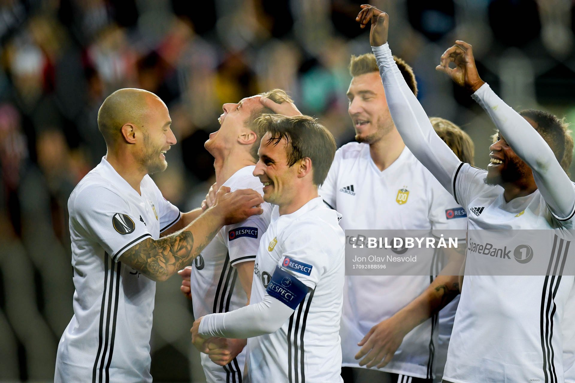 Anders Konradsen of Rosenborg celebrates with teammates after scoring 2-0 during the UEFA Europa League match between Rosenborg and FK Vardar Skopje on September 28, 2017 in Trondheim.