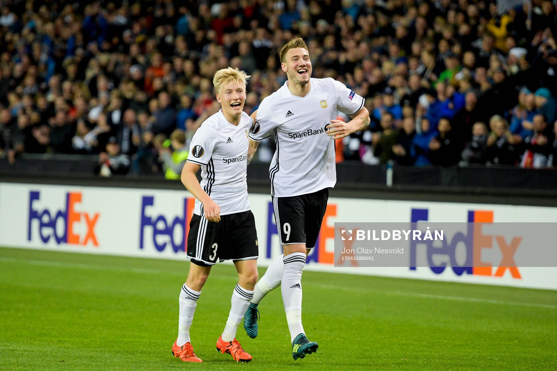 Birger Meling and Nicklas Bendtner of Rosenborg celebrate