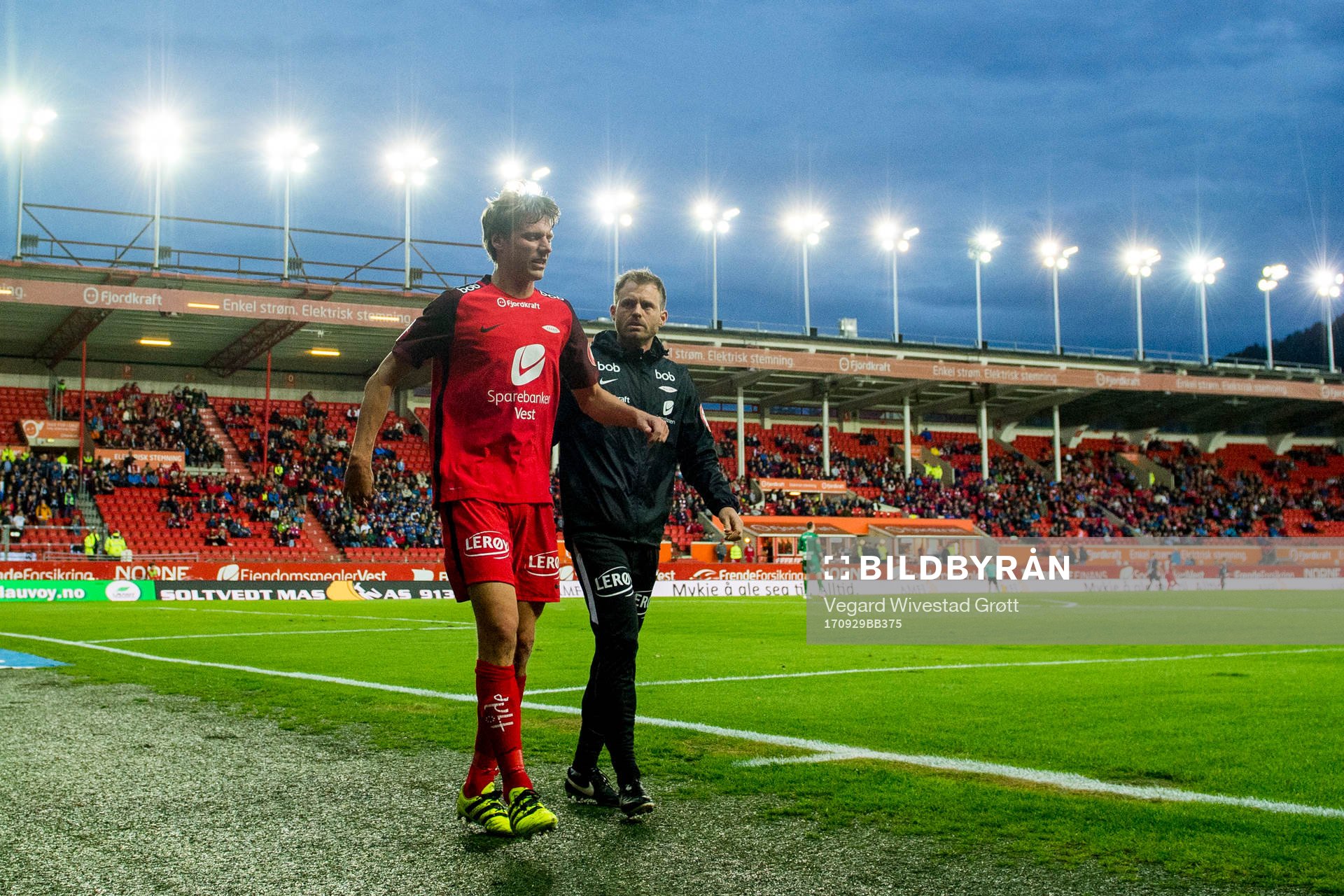 Jakob Orlov of Brann walks off the pitch with an injury during the Eliteserien match between Brann and Kristiansund on September 29, 2017 in Bergen.