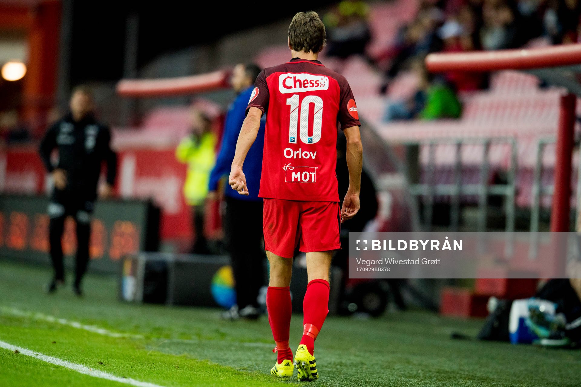 Jakob Orlov of Brann walks off the pitch with an injury during the Eliteserien match between Brann and Kristiansund on September 29, 2017 in Bergen.