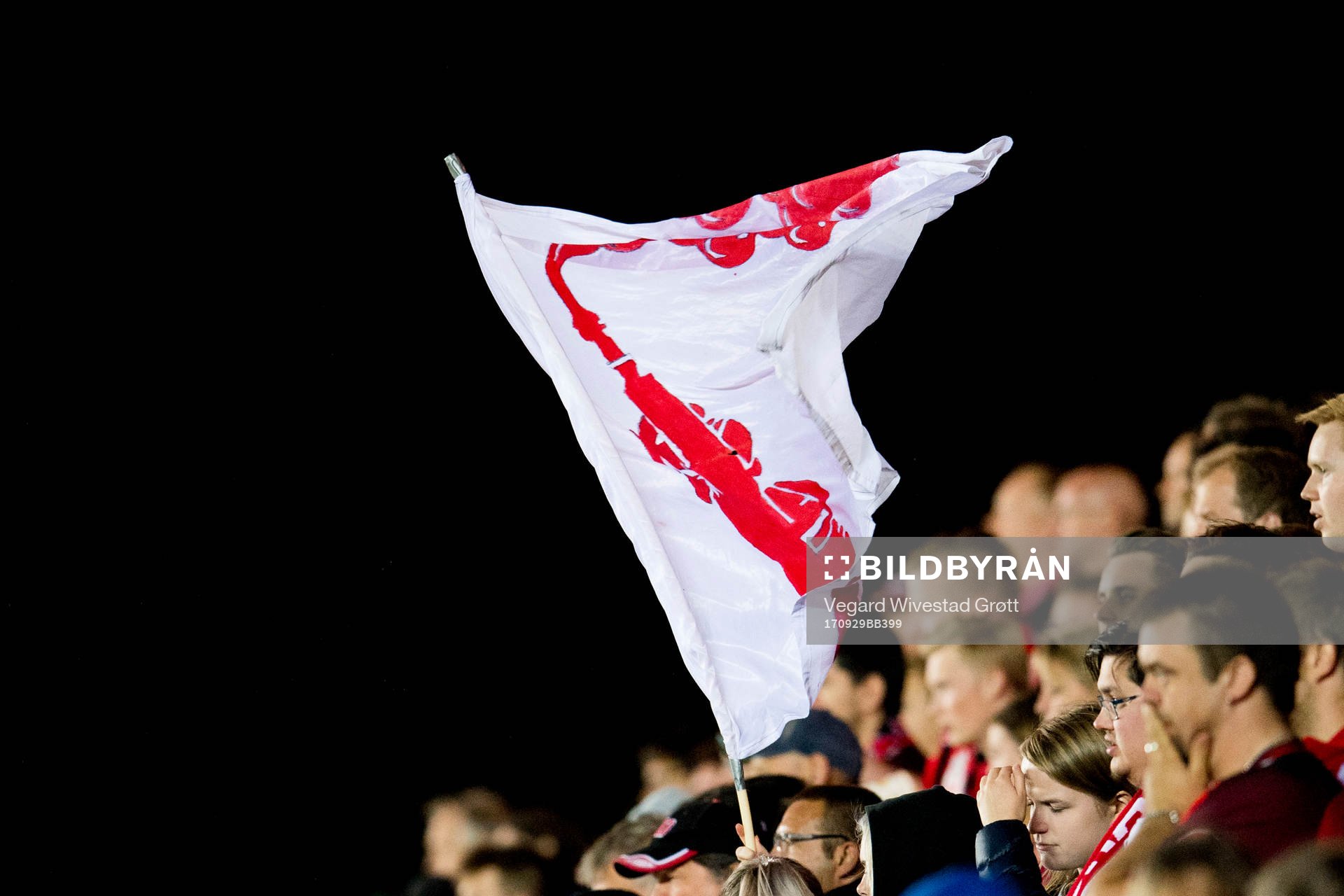 A flag among the supporters of Brann during the Eliteserien match between Brann and Kristiansund on September 29, 2017 in Bergen.