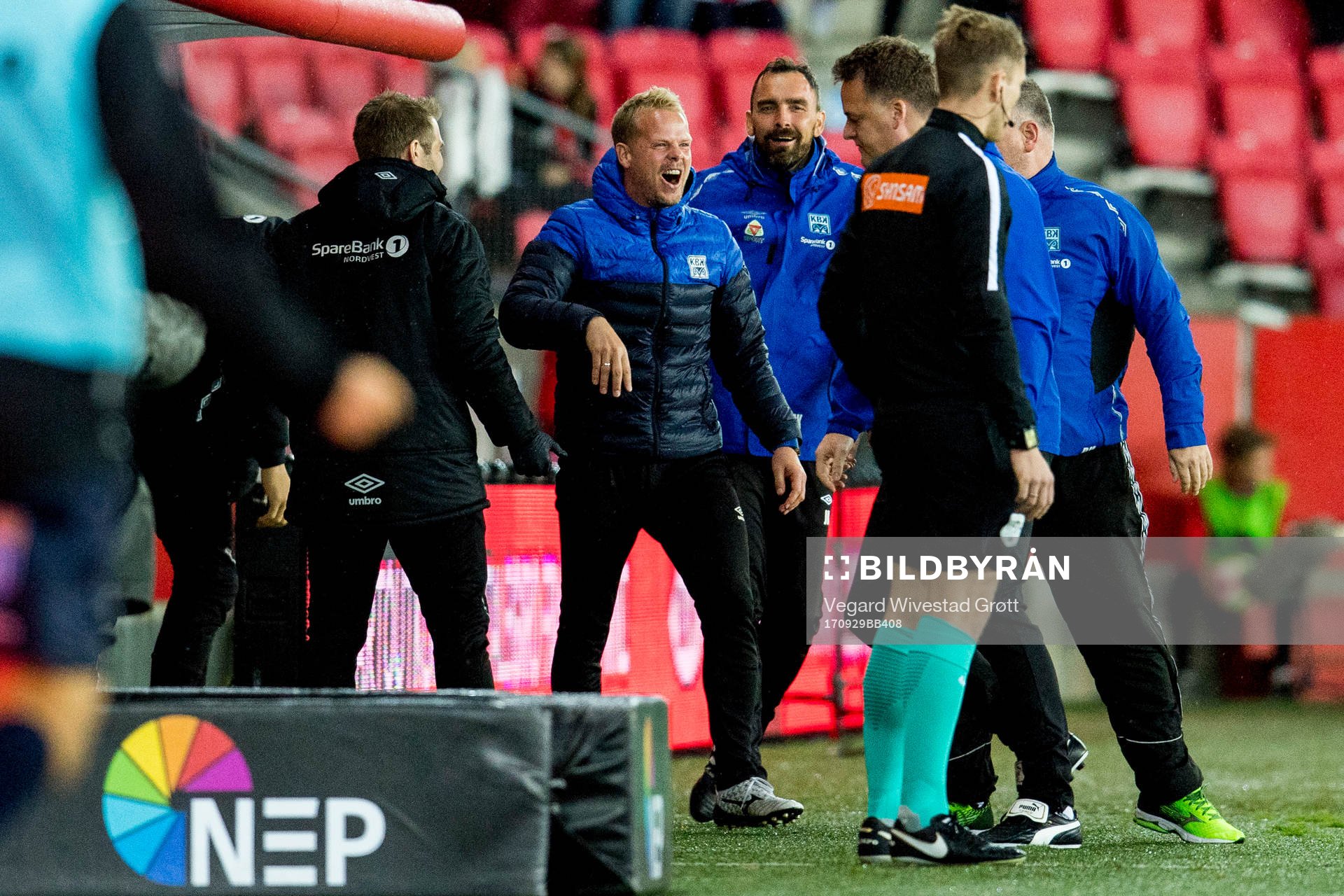 Christian Michelsen, head coach of Kristiansund, celebrates 0-3 during the Eliteserien match between Brann and Kristiansund on September 29, 2017 in Bergen.