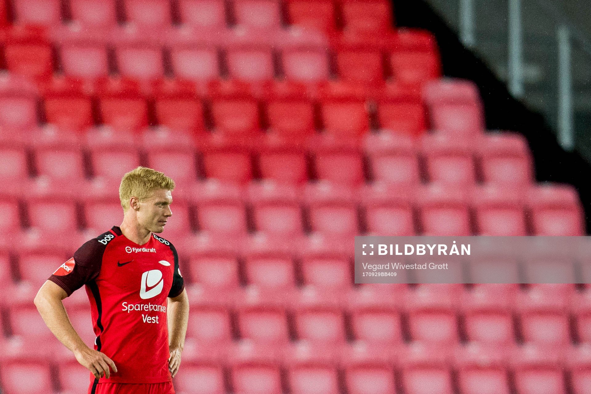 Sivert Heltne Nilsen of Brann looks dejected after Kristiansund score 0-3 during the Eliteserien match between Brann and Kristiansund on September 29, 2017 in Bergen.