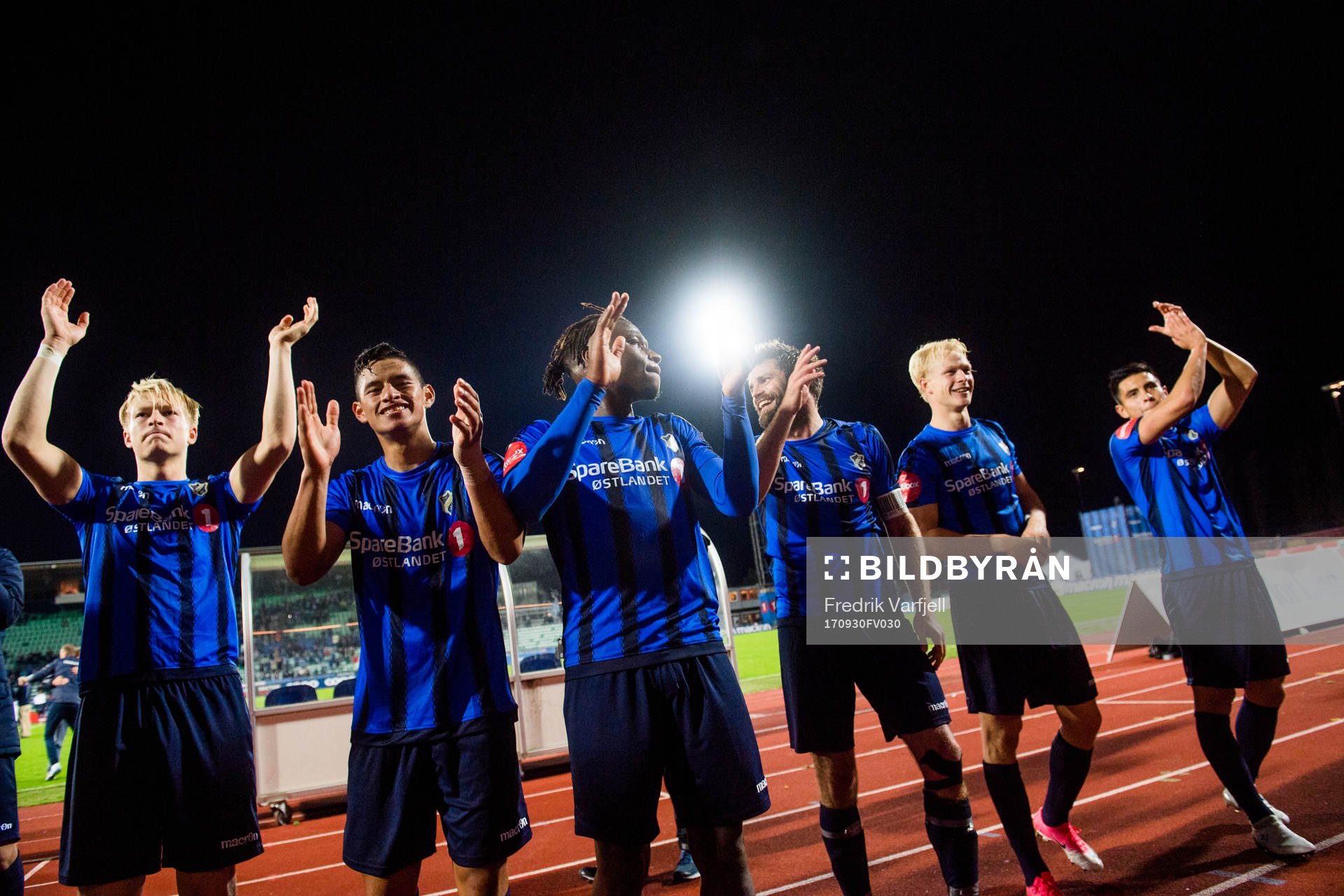 Andreas Schjølberg Hanche-Olsen, Ronald Hernandez, Tortel Lumanza Lembi, Morten Morisbak Skjønsberg, Jeppe Arctander Moe and Rubio Yovani Mendez Rubin of Stabæk celebrates after the Eliteserien match between Stabæk and Vålerenga on September 30, 2017 in Bekkestua.