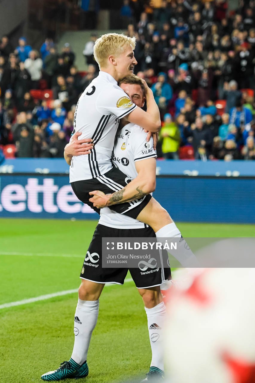 Birger Meling and Alex Gersbach of Rosenborg celebrates the 1-0 goal during the Eliteserien match between Rosenborg and Sarpsborg 08 on October 1, 2017 in Trondheim.