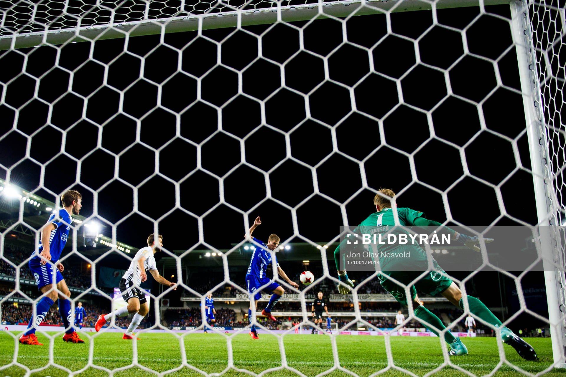 Sigurd Rosted of Sarpsborg scores 1-1 behind goalkeeper