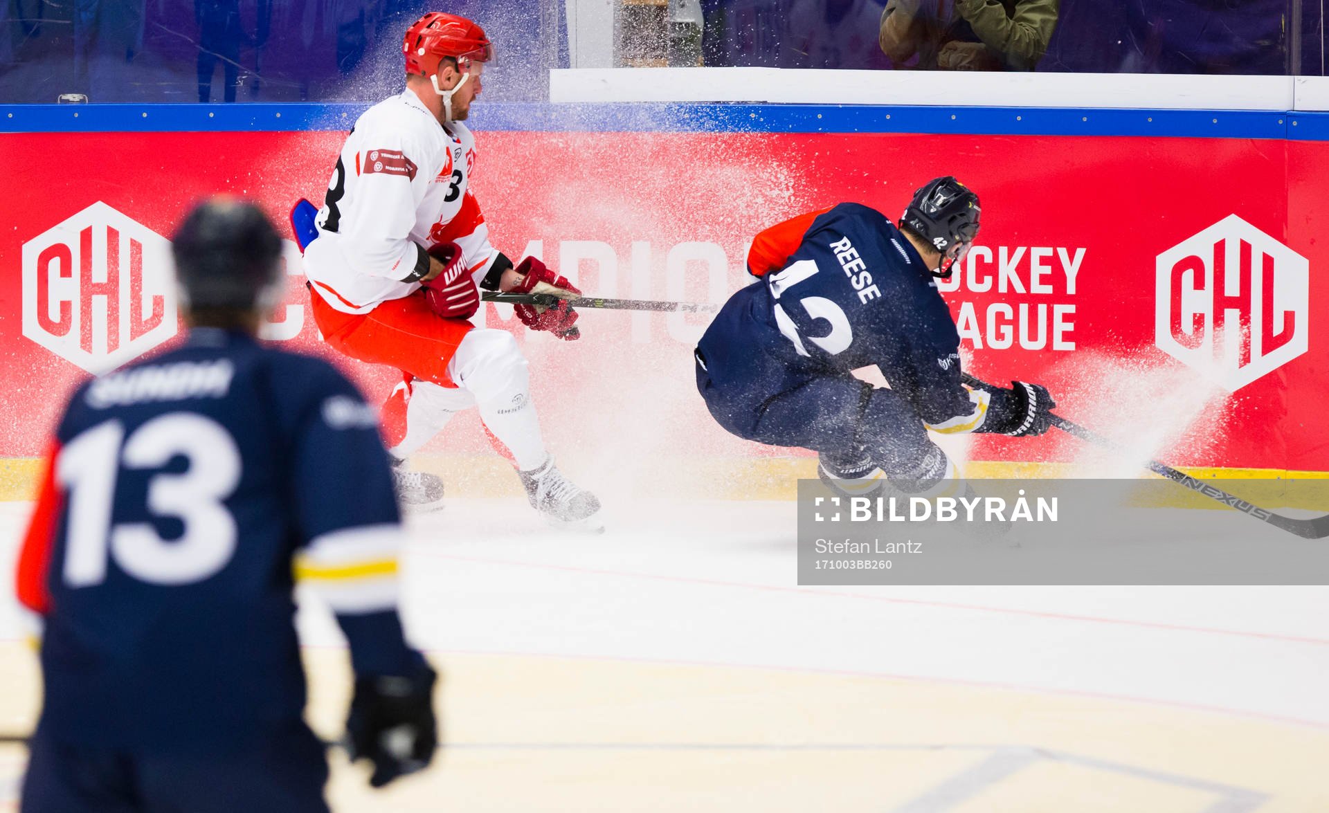 Martin Adamsky of Ocelari Trinec against Dylan Reese of HV71