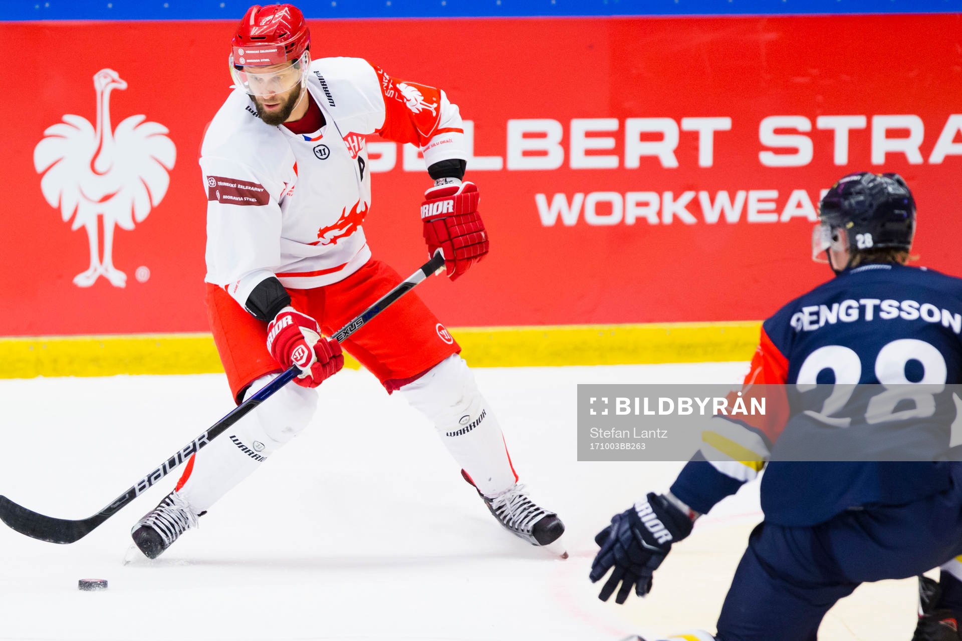 Martin Adamsky of Ocelari Trinec again Anton Bengtsson of