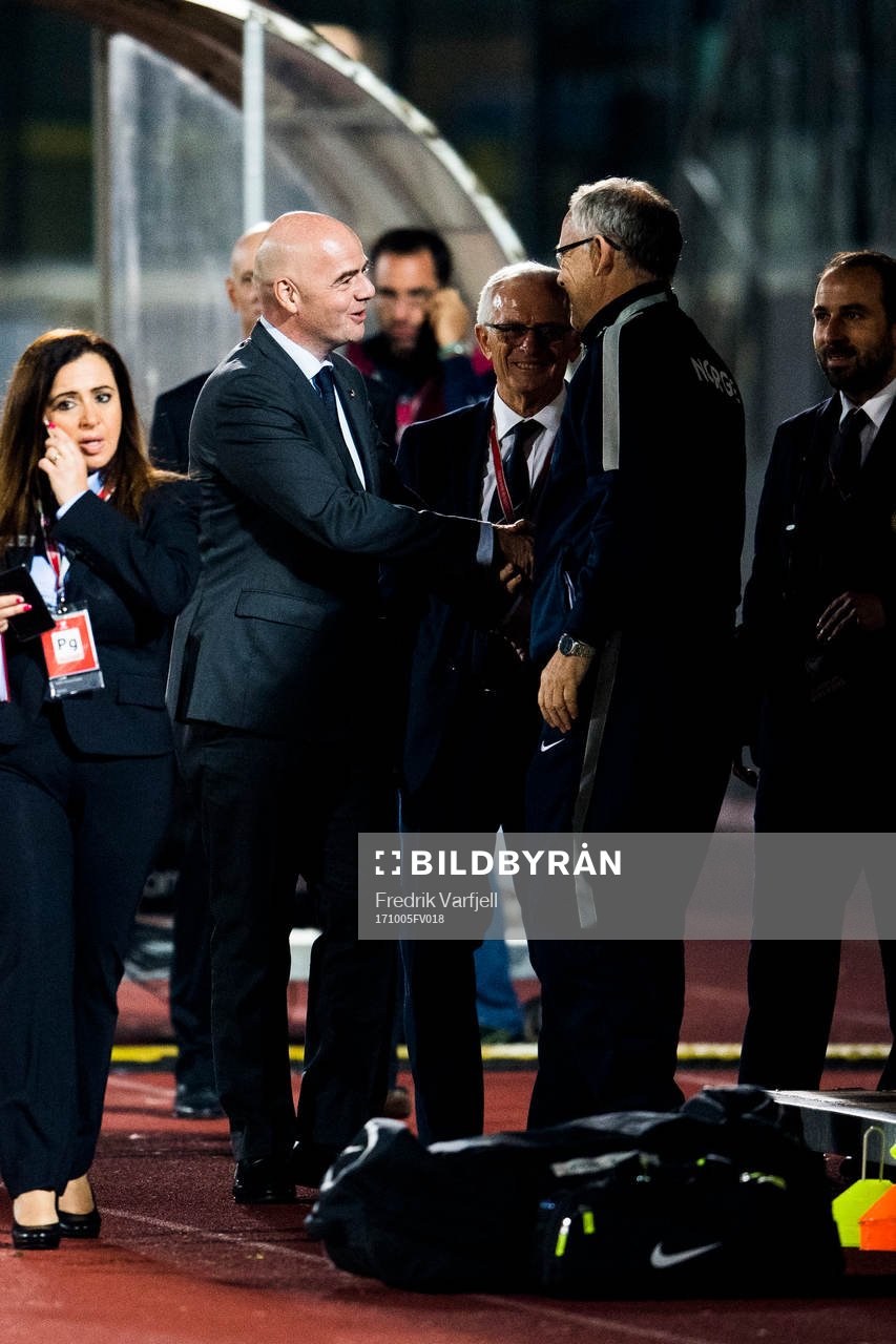Gianni Infantino, FIFA president, greets Lars Lagerbäck,