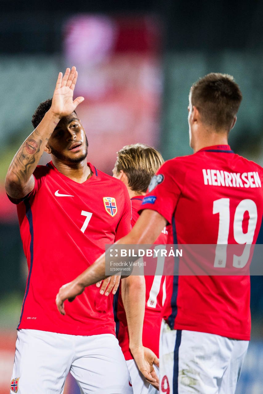 Joshua King and Markus Henriksen of Norway celebrate a goal