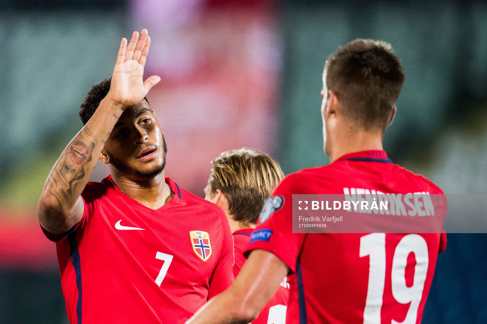 Joshua King and Markus Henriksen of Norway celebrate a goal