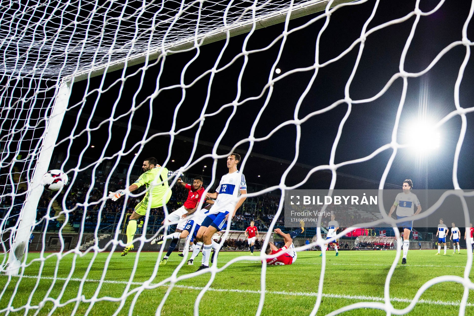 Joshua King of Norway scores 3-0 behind goalkeeper Aldo
