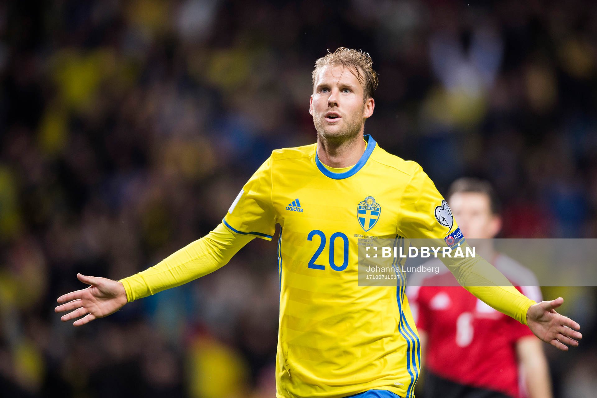 Sveriges Ola Toivonen jublar efter att han har gjort 8-0 under VM-kvalmatchen i fotboll mellan Sverige och Luxemburg den 7 oktober 2017 i Stockholm.