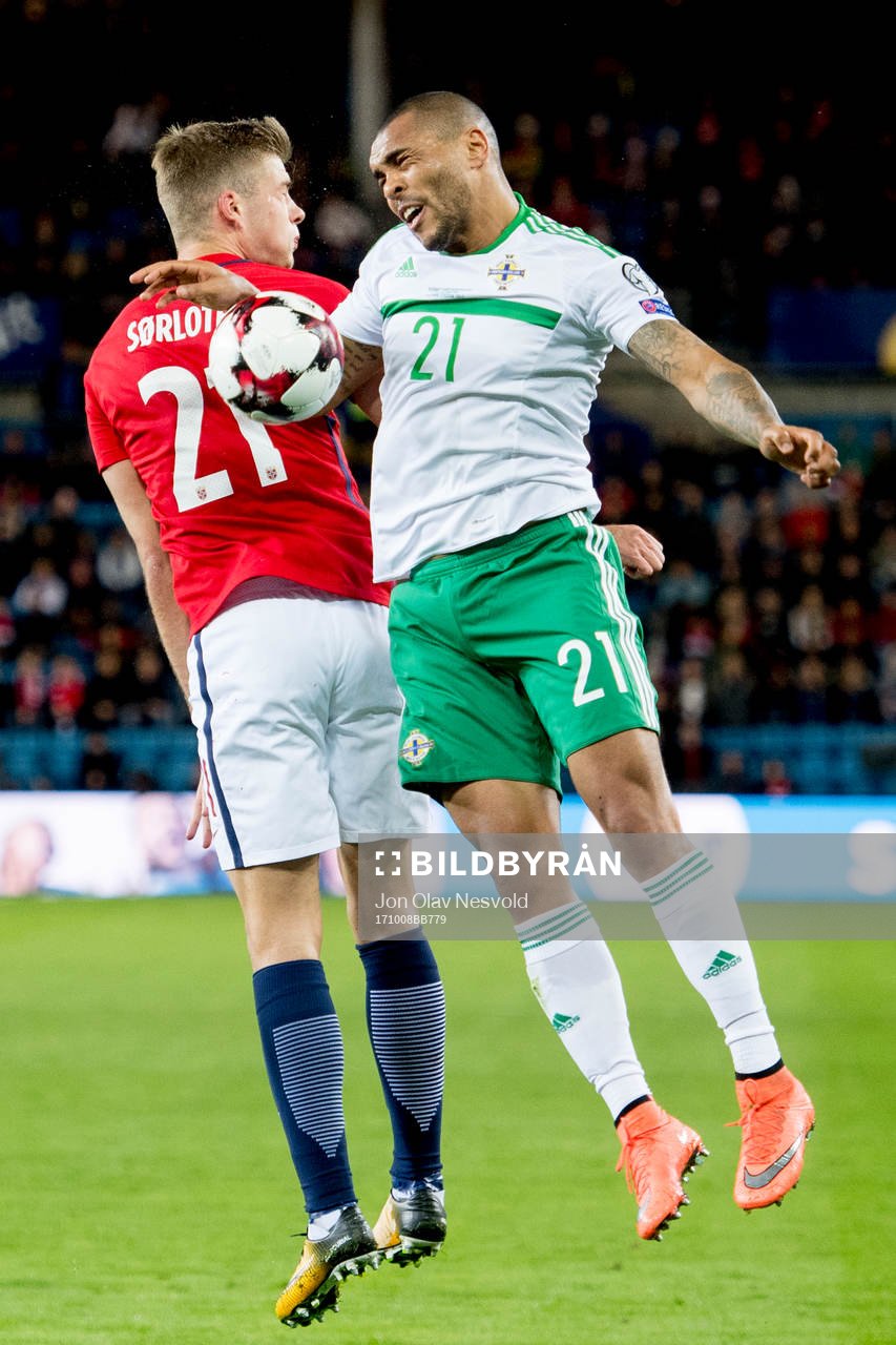 Alexander Sørloth of Norway and Connor McLaughlin of Northern Ireland during the FIFA World Cup Qualifier match between Norway and Northern Ireland on October 8, 2017 in Oslo.