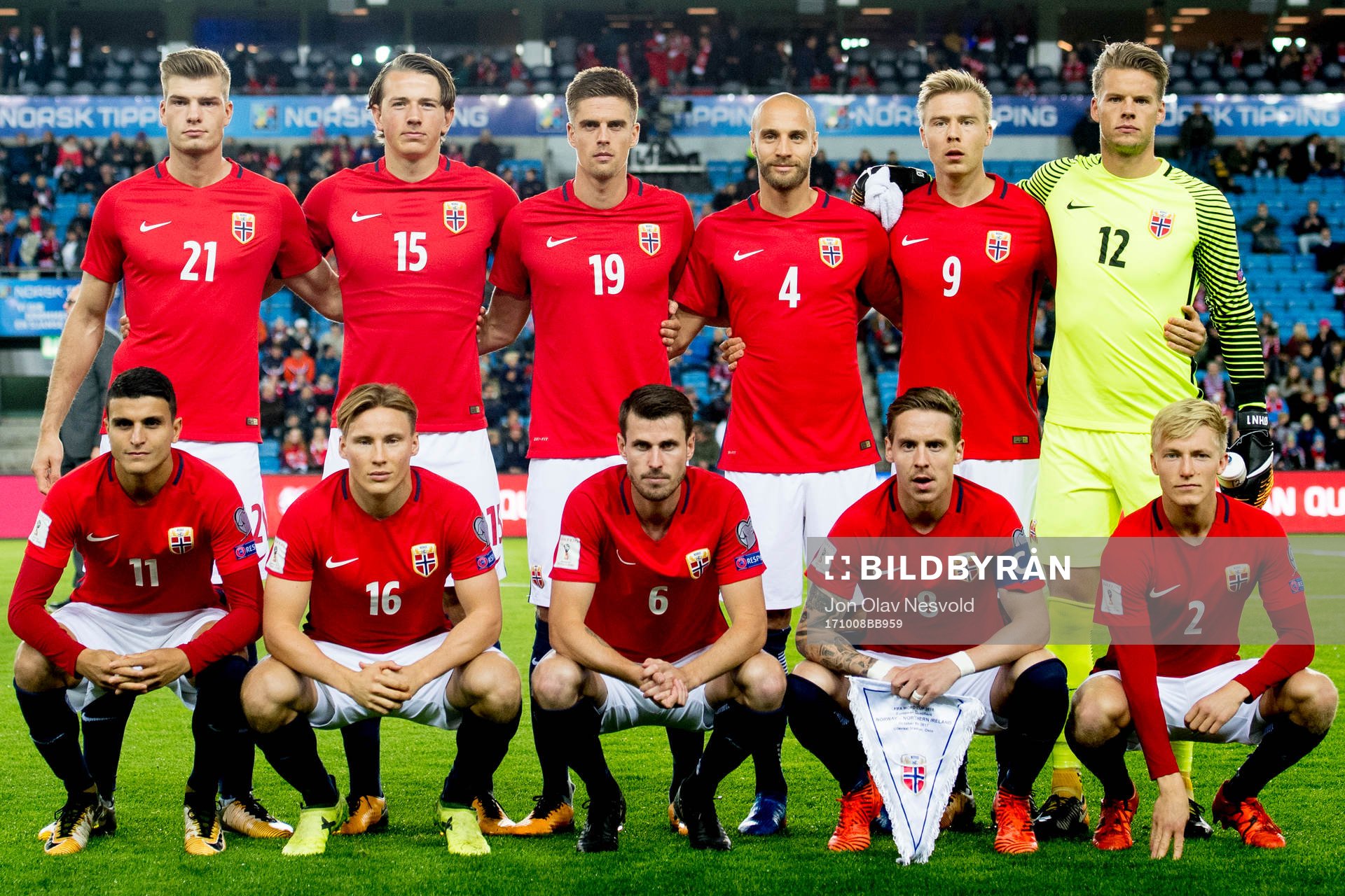 Alexander Sørloth (2nd row), Sander Berge, Markus Henriksen, Tore Reginiussen, Alexander Toft Søderlund, goalkeeper Ørjan Håskjold Nyland, Mohamed Elyounoussi (1st row), Jonas Svensson, Håvard Nordtveit, Stefan Johansen and Birger Meling of Norway pose for a team photo ahead of the FIFA World Cup Qualifier match between Norway and Northern Ireland on October 8, 2017 in Oslo.
