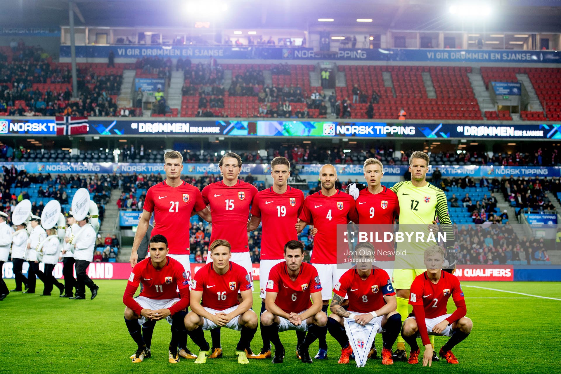 Alexander Sørloth (2nd row), Sander Berge, Markus Henriksen, Tore Reginiussen, Alexander Toft Søderlund, goalkeeper Ørjan Håskjold Nyland, Mohamed Elyounoussi (1st row), Jonas Svensson, Håvard Nordtveit, Stefan Johansen and Birger Meling of Norway pose for a team photo ahead of the FIFA World Cup Qualifier match between Norway and Northern Ireland on October 8, 2017 in Oslo.