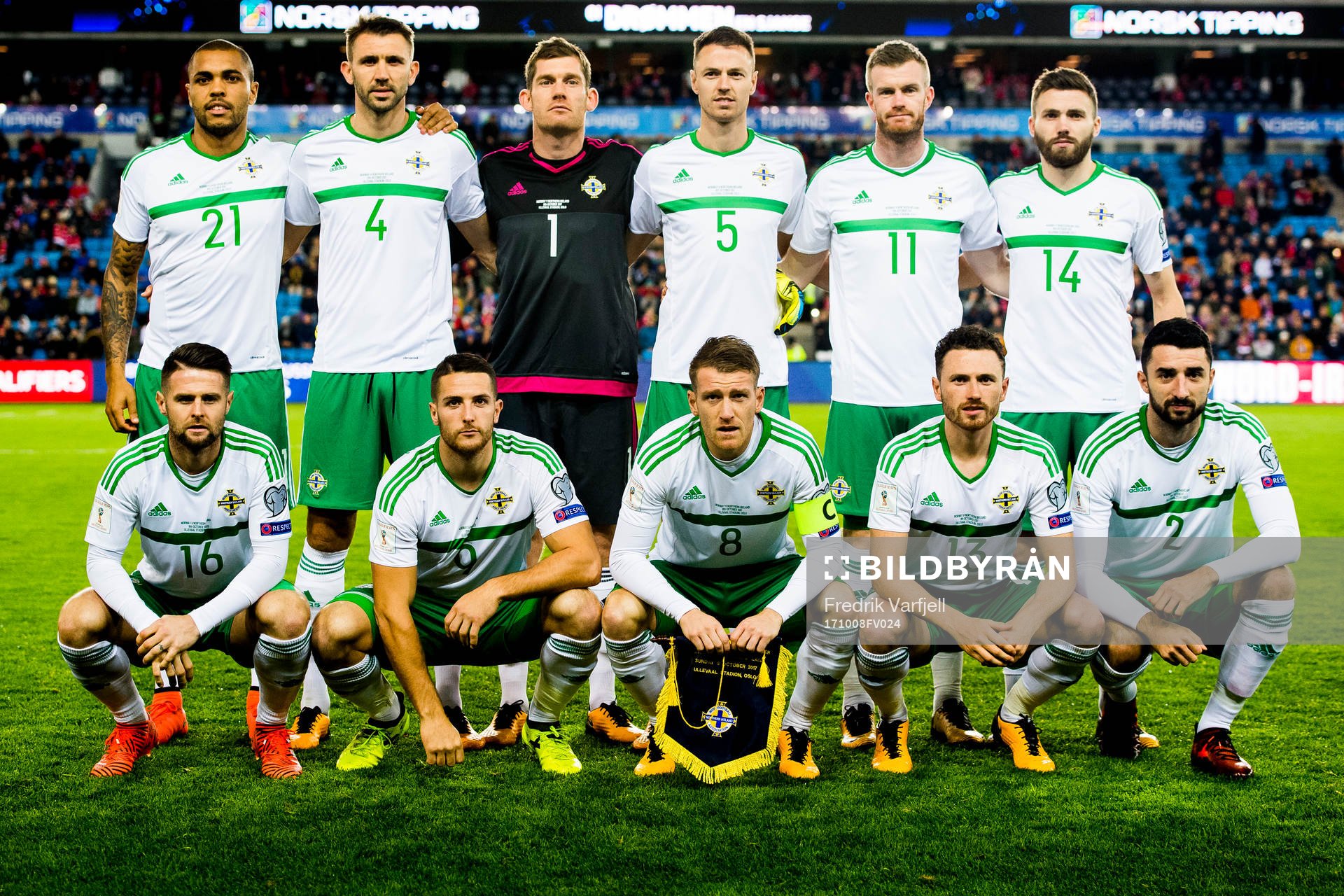 Josh Magennis, Gareth McAuley, goalkeeper Michael McGovern, Jonny Evan, Chris Brunt, Stuart Dallas, Oliver Norwood, Conor Washington, Steven Davis, Corry Evans and Connor McLaughlin of Northern Ireland pose for a team photo ahead of the FIFA World Cup Qualifier match between Norway and Northern Ireland on October 8, 2017 in Oslo.