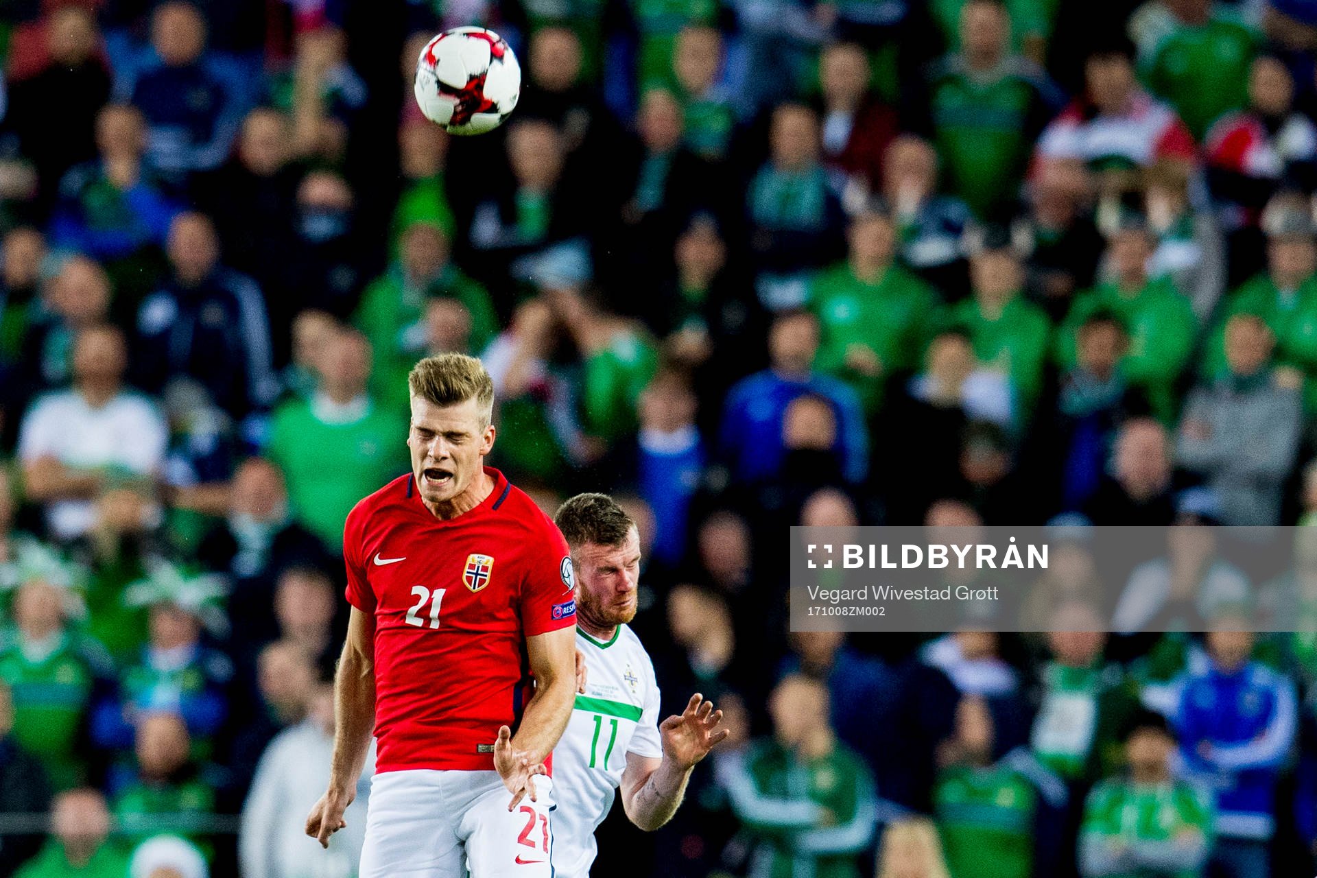 Alexander Sørloth of Norway and Chris Brunt of Northern