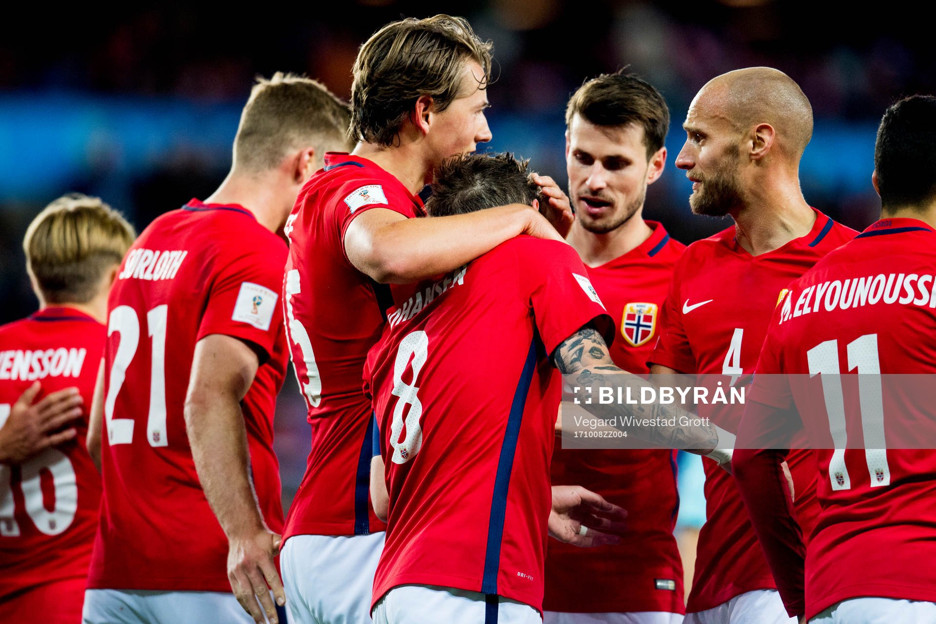 Sander Berge and Stefan Johansen of Norway celebrate the