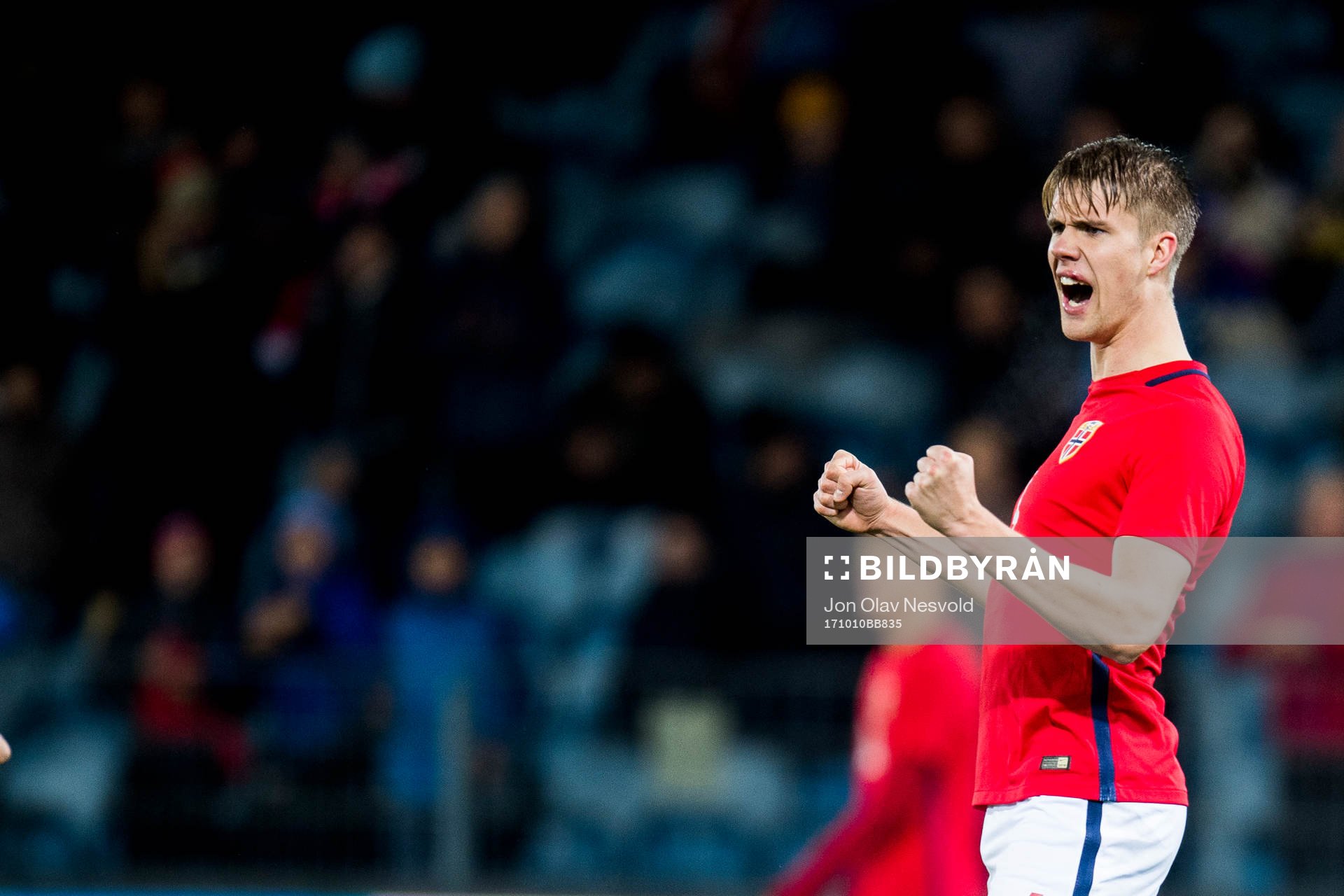 Kristoffer Ajer of Norway celebrates after the UEFA European Under-21 Qualifier match between Norway and Germany on October 10, 2017 in Drammen.