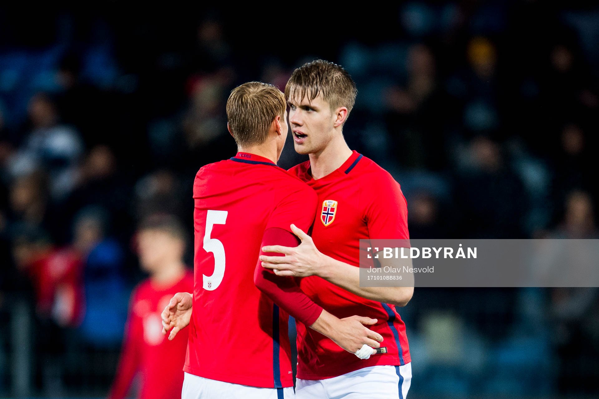 Ulrik Yttergård Jenssen and Kristoffer Ajer of Norway celebrate after the UEFA European Under-21 Qualifier match between Norway and Germany on October 10, 2017 in Drammen.