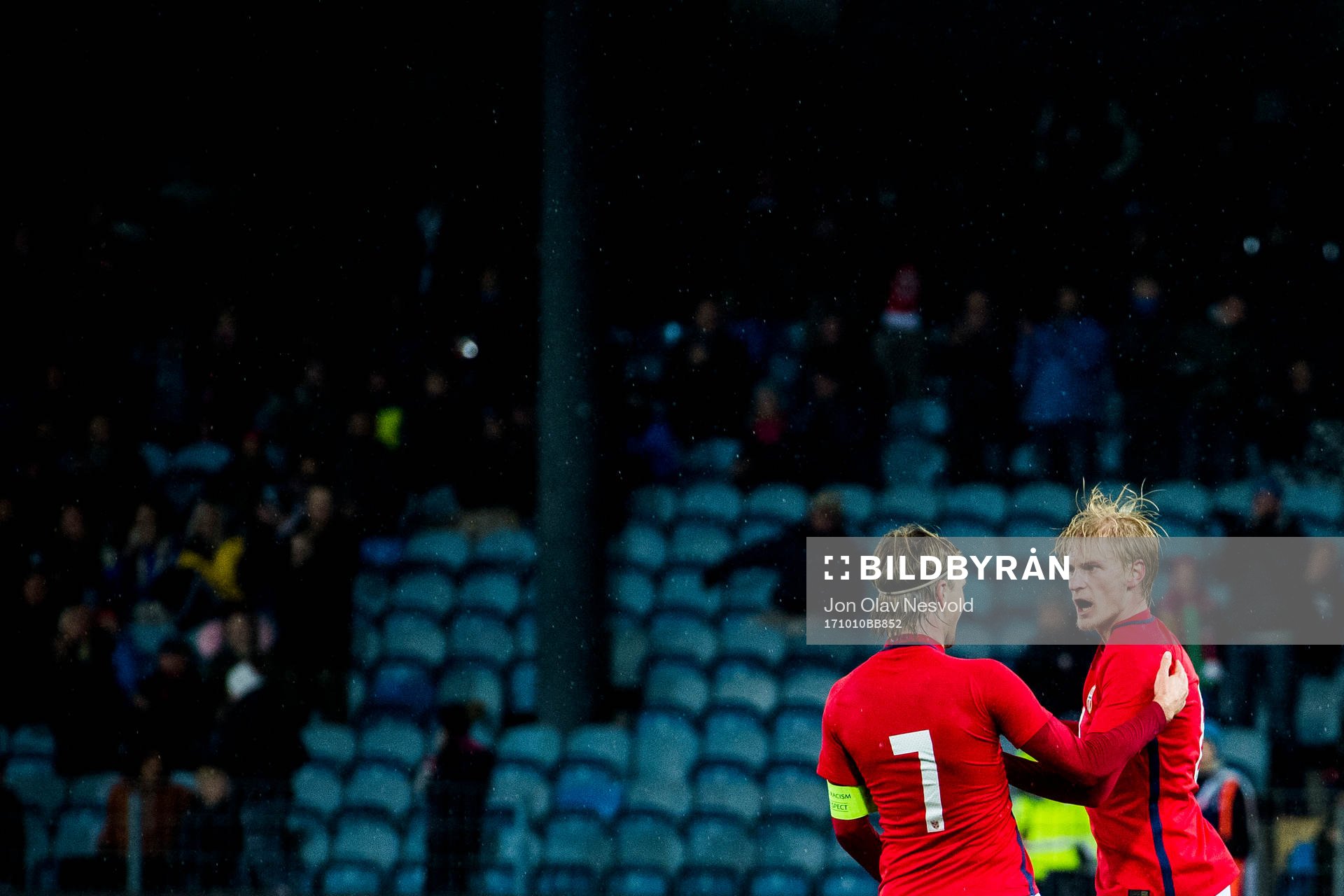 Iver Fossum of Norway and Morten Thorsby of Norway celebrate 1-1 during the UEFA European Under-21 Qualifier match between Norway and Germany on October 10, 2017 in Drammen.