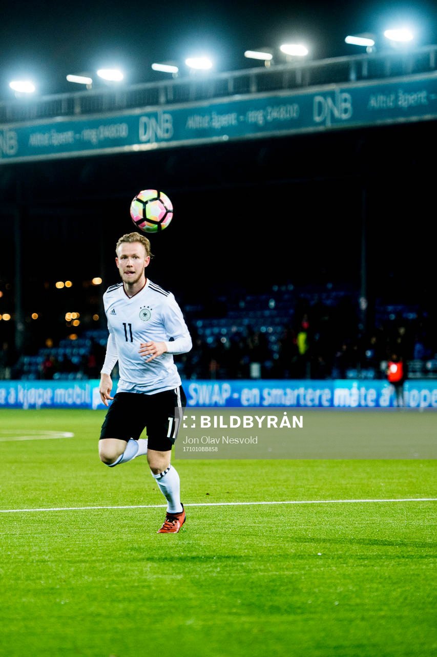 Cedric Teuchert of Germany during the UEFA European Under-21 Qualifier match between Norway and Germany on October 10, 2017 in Drammen.