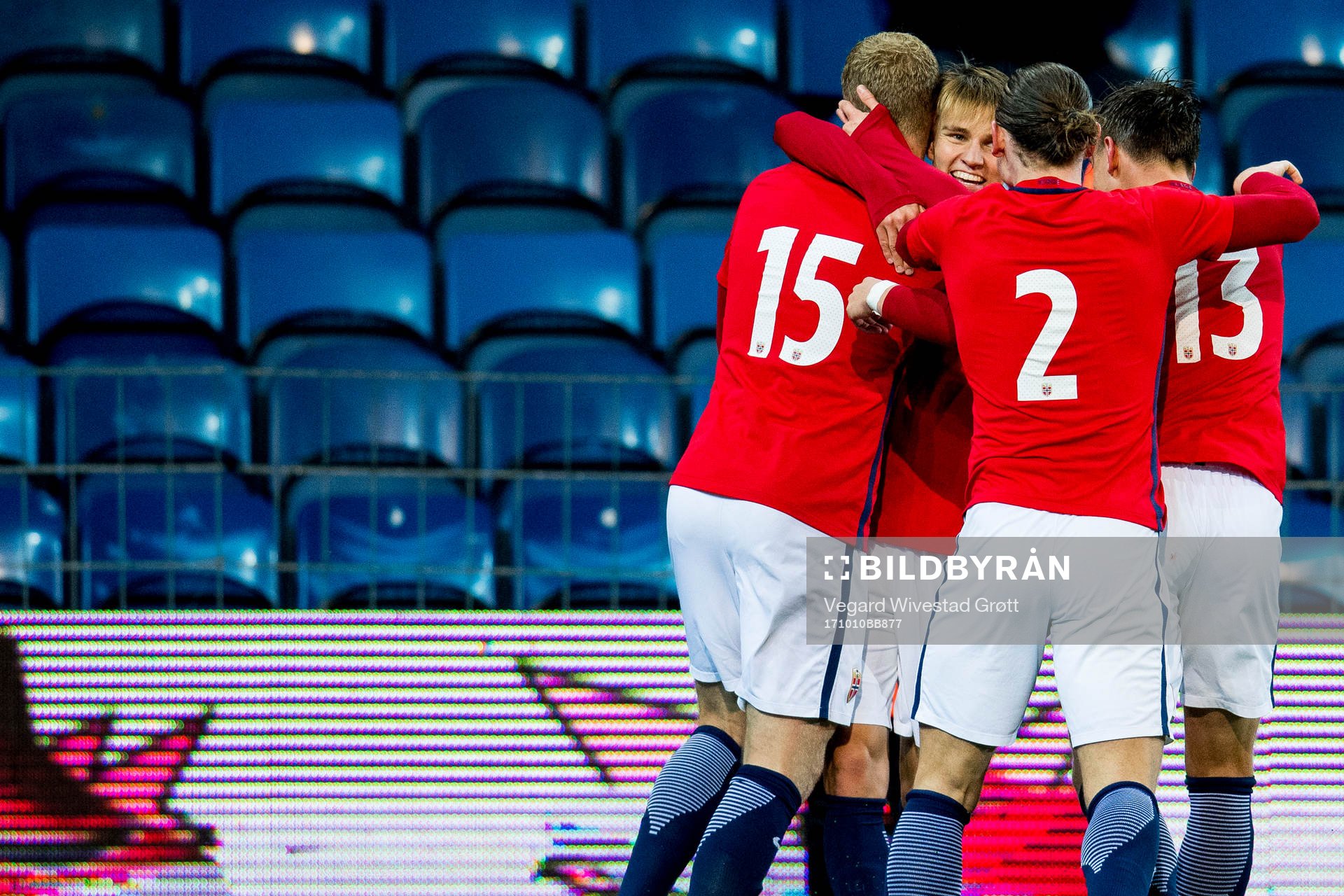 Martin Ødegaard of Norway celebrates with teammates after scoring 2-1 during the UEFA European Under-21 Qualifier match between Norway and Germany on October 10, 2017 in Drammen.