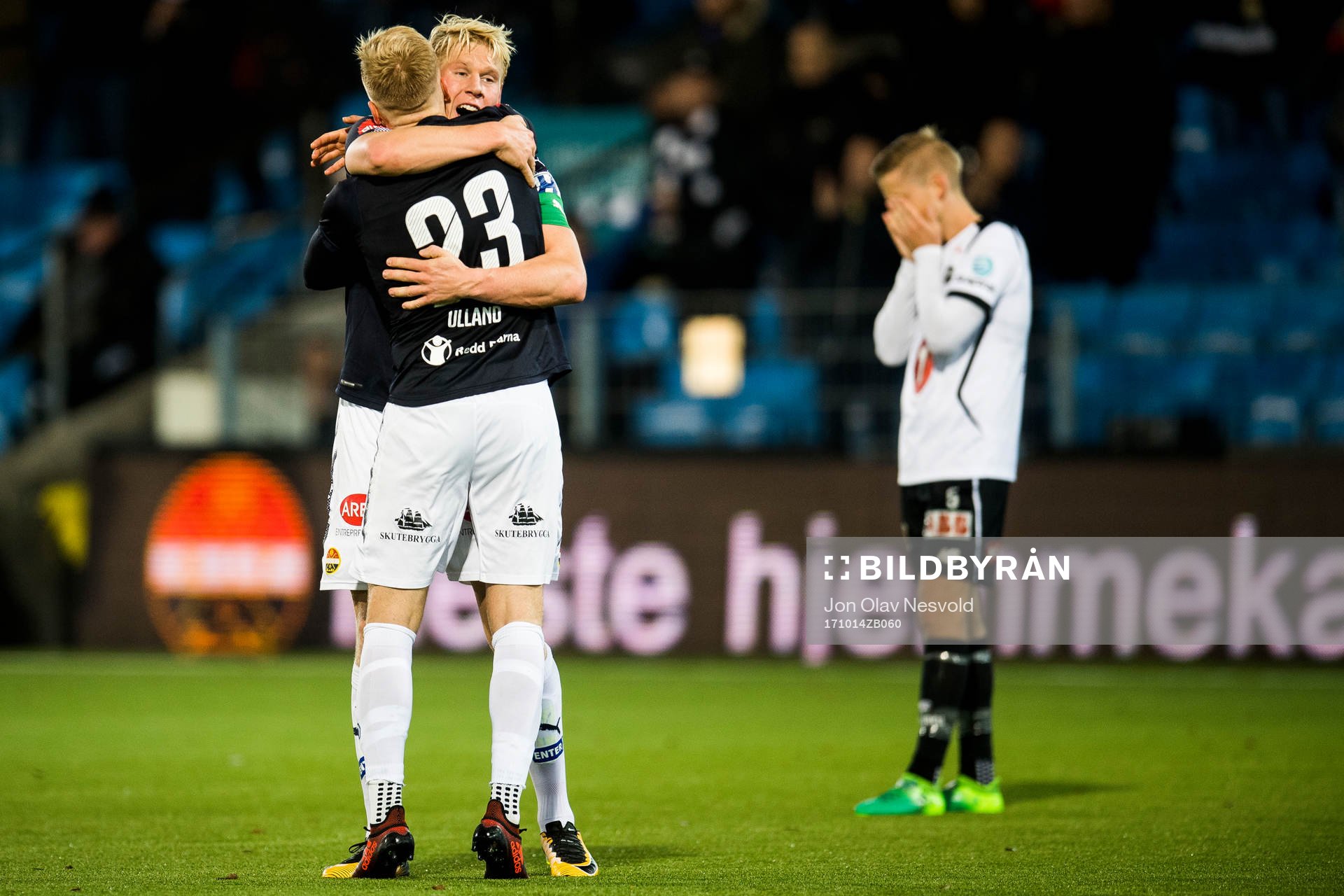 Eirik Ulland Andersen and Jakob Glesnes of Strømsgodset celebrate after the Eliteserien match between Strømsgodset and Odd on October 14, 2017 in Drammen.