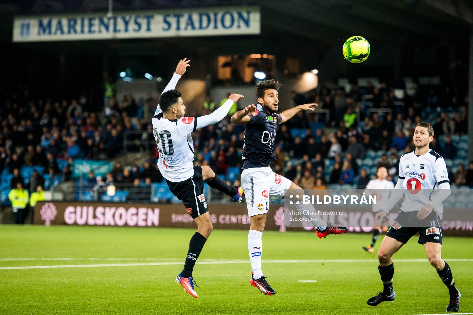 Etzaz Hussain of Odd, Christian Rubio Sivodedov of Strømsgodset and Fredrik Semb Berge of Odd during the Eliteserien match between Strømsgodset and Odd on October 14, 2017 in Drammen.