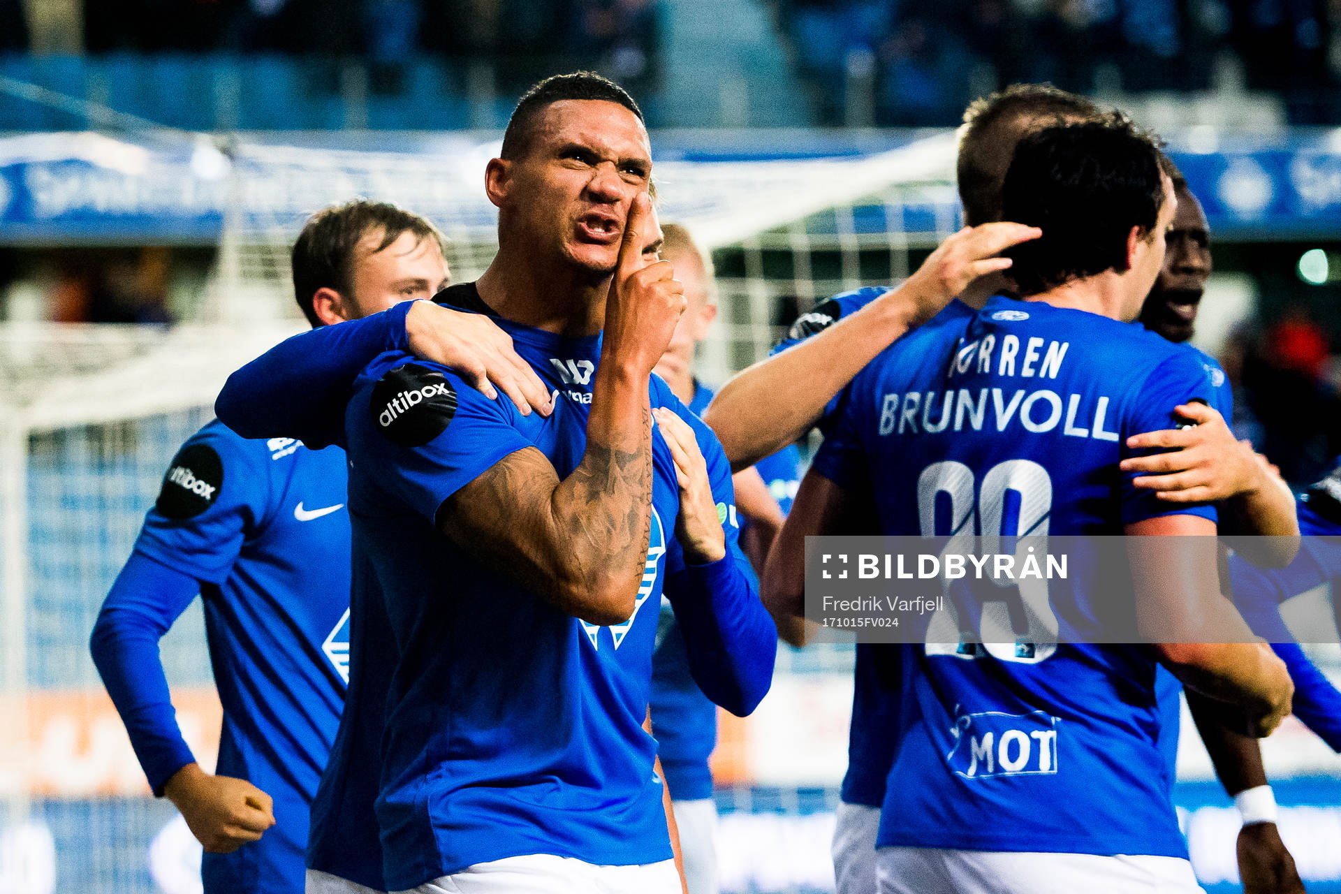 Ruben Gabrielsen of Molde celebrates with his teammates after scoring 1- 0 during the Eliteserien match between Molde and Brann on October 15, 2017 in Molde.