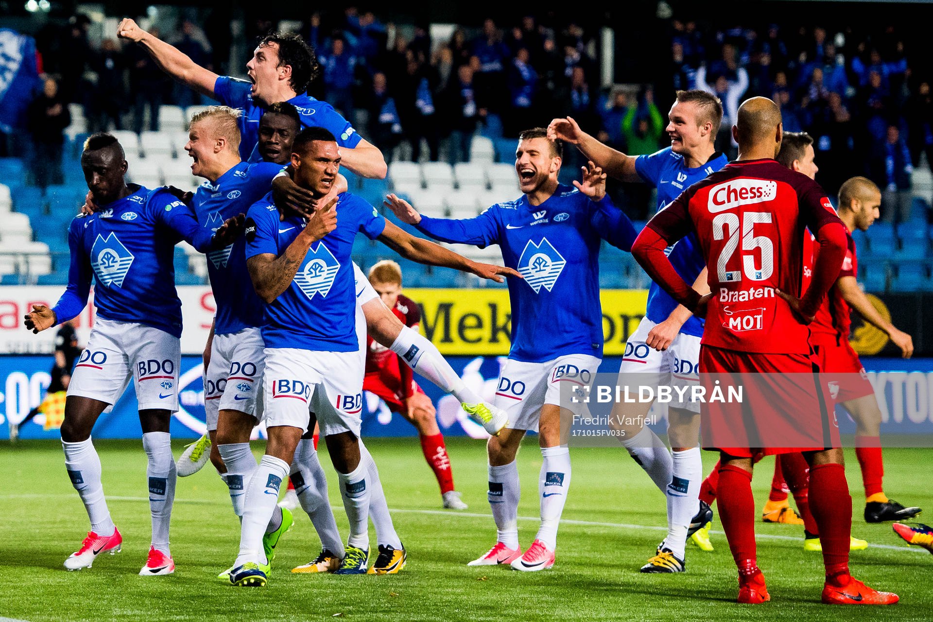 Ruben Gabrielsen of Molde celebrates with his teammates after scoring 1- 0 during the Eliteserien match between Molde and Brann on October 15, 2017 in Molde.