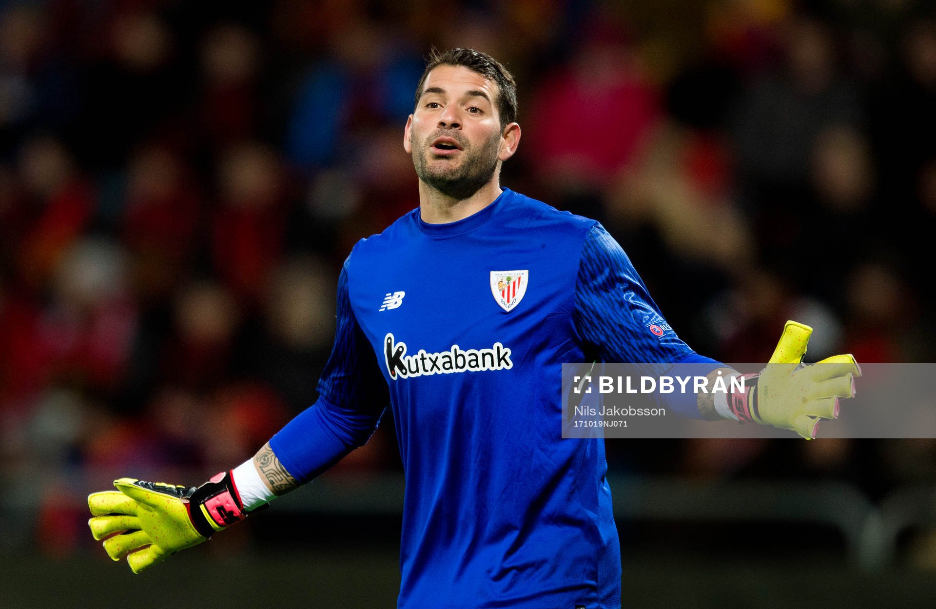 Athletic Bilbaos målvakt Iago Herrerin under fotbollsmatchen Europa League mellan Östersund och Athletic Bilbao den 19 oktober 2017 i Östersund.