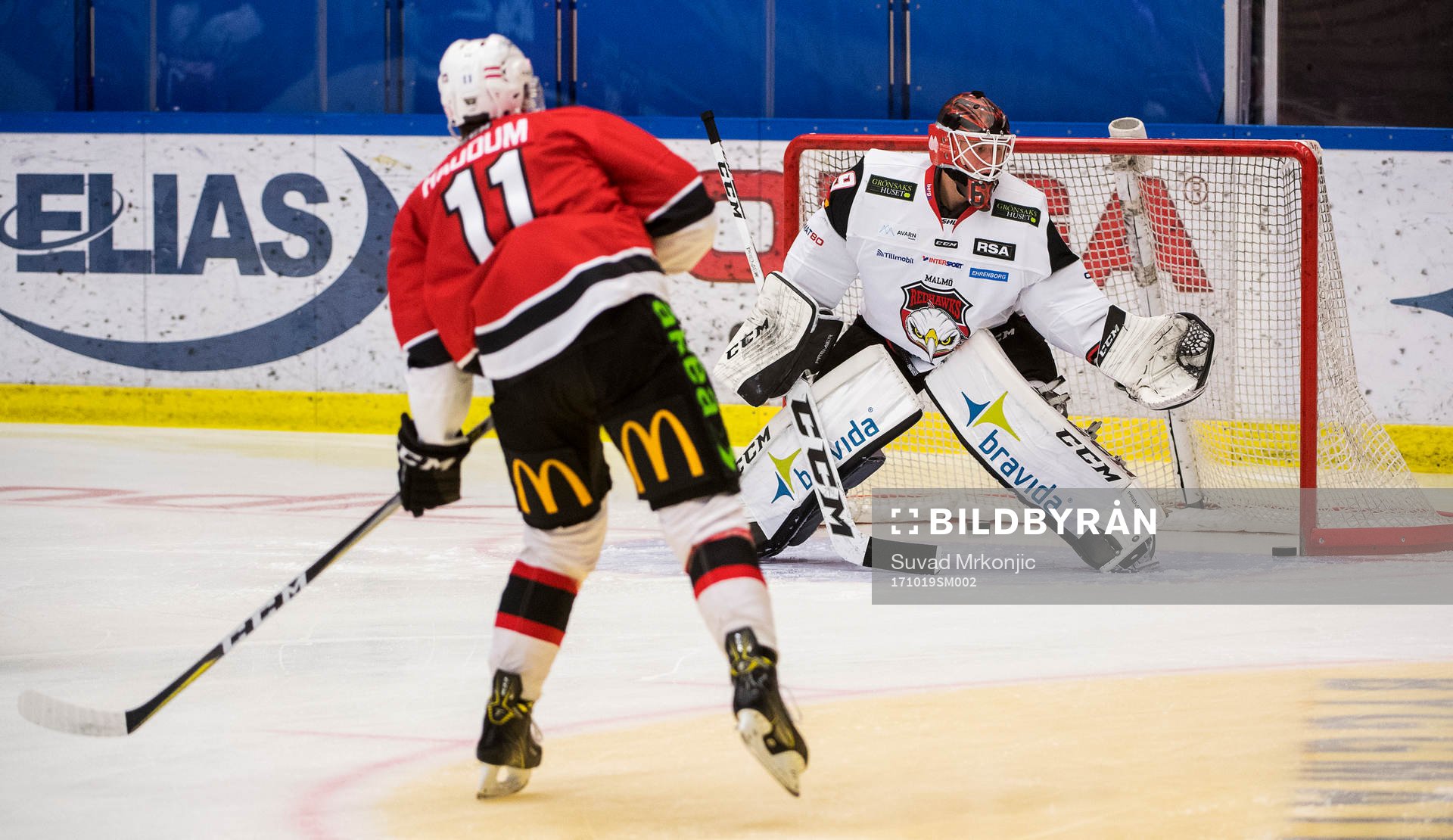Malmö Redhawks Lukas Haudum och målvakt Oscar Alsenfelt