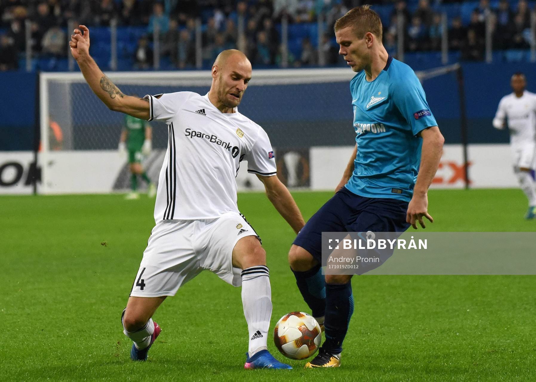 Russia. St. Petersburg. October 19, 2017. Rosenborg players Tore Regiinussen and Zenit Alexander Kokorin (left to right) during the UEFA Europa League group stage match between Zenit (Russia, St. Petersburg) and Rosenborg (Norway, Trondheim).